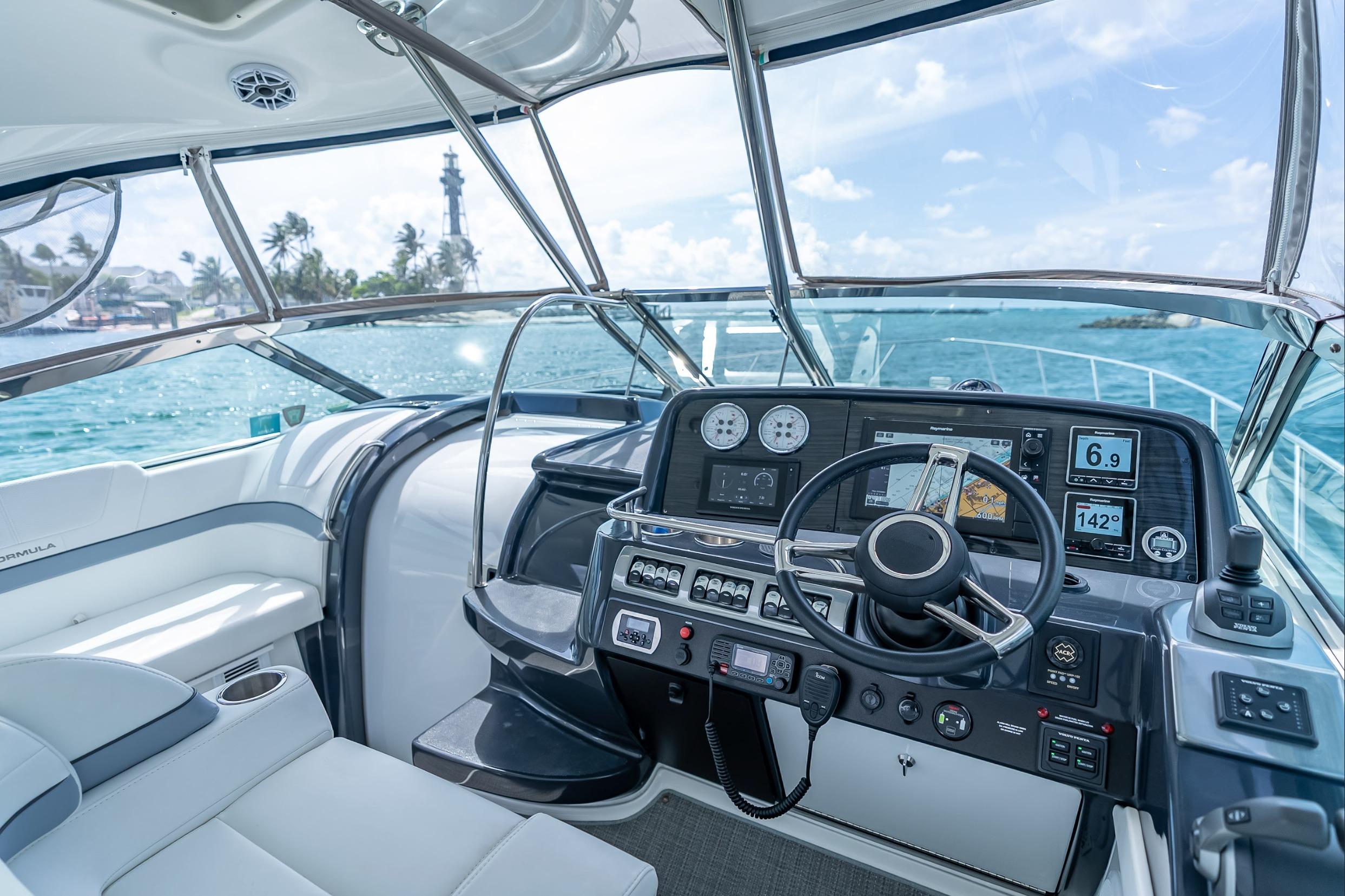 2022 Formula 40 Performance Cruiser cockpit with advanced navigation, steering, and ocean view.