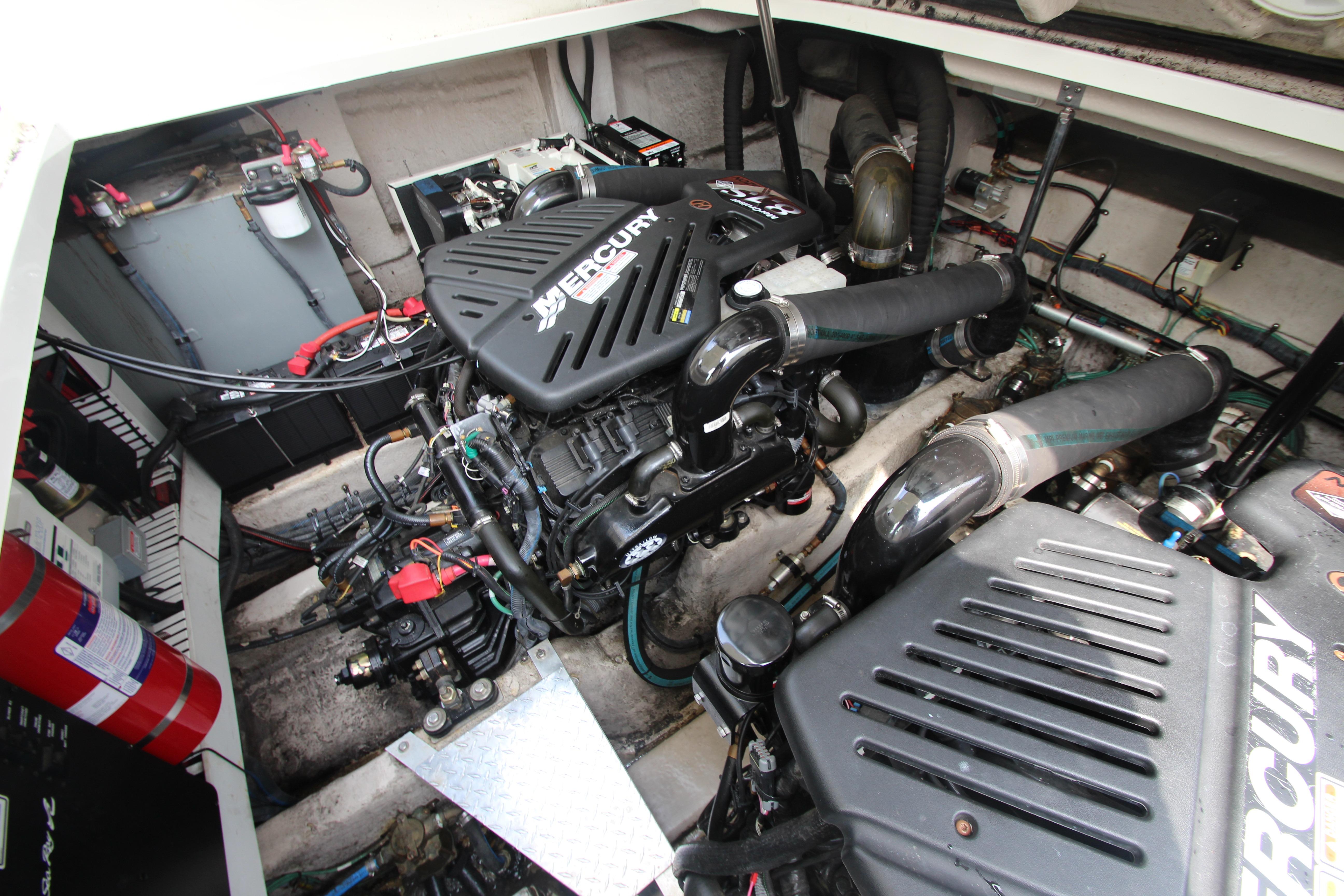 Engine compartment of a 2004 Sea Ray 40 Sundancer with Mercury engines.