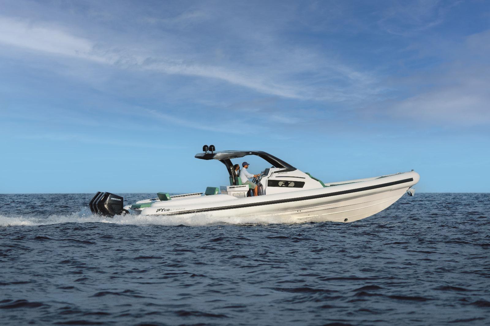 2025 Panamera Yacht PY 110 Veloce cruising on open sea under clear blue sky.