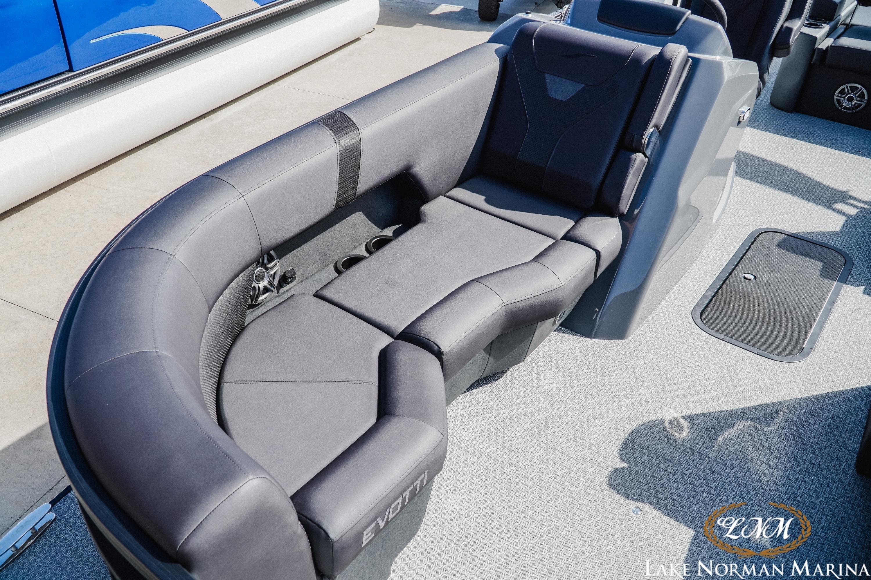 Luxurious seating on 2026 Evotti 523CS boat at Lake Norman Marina.