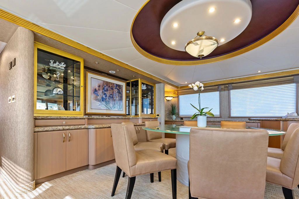 Luxurious dining area on a 1999 Westport 112 yacht.
