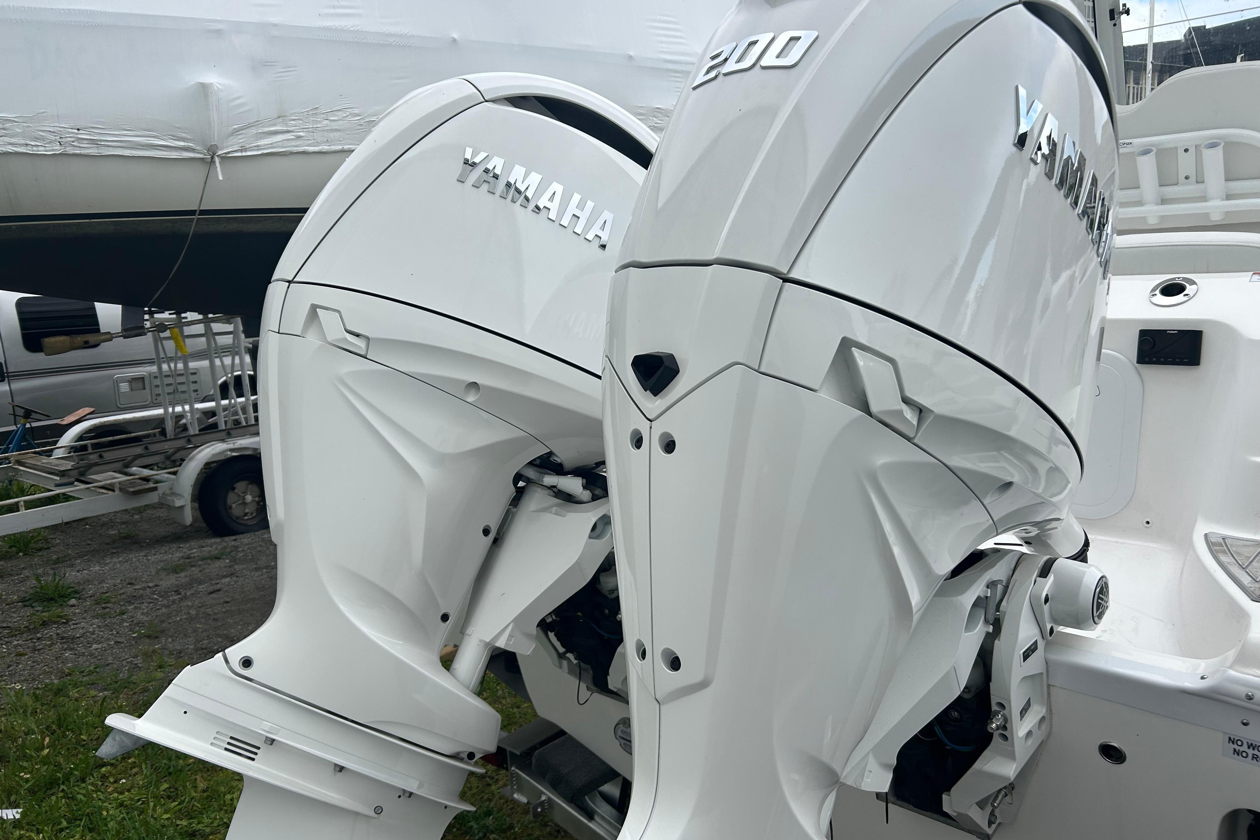 Twin Yamaha 200 outboard engines on a 2026 Sea Fox 268 Commander boat.
