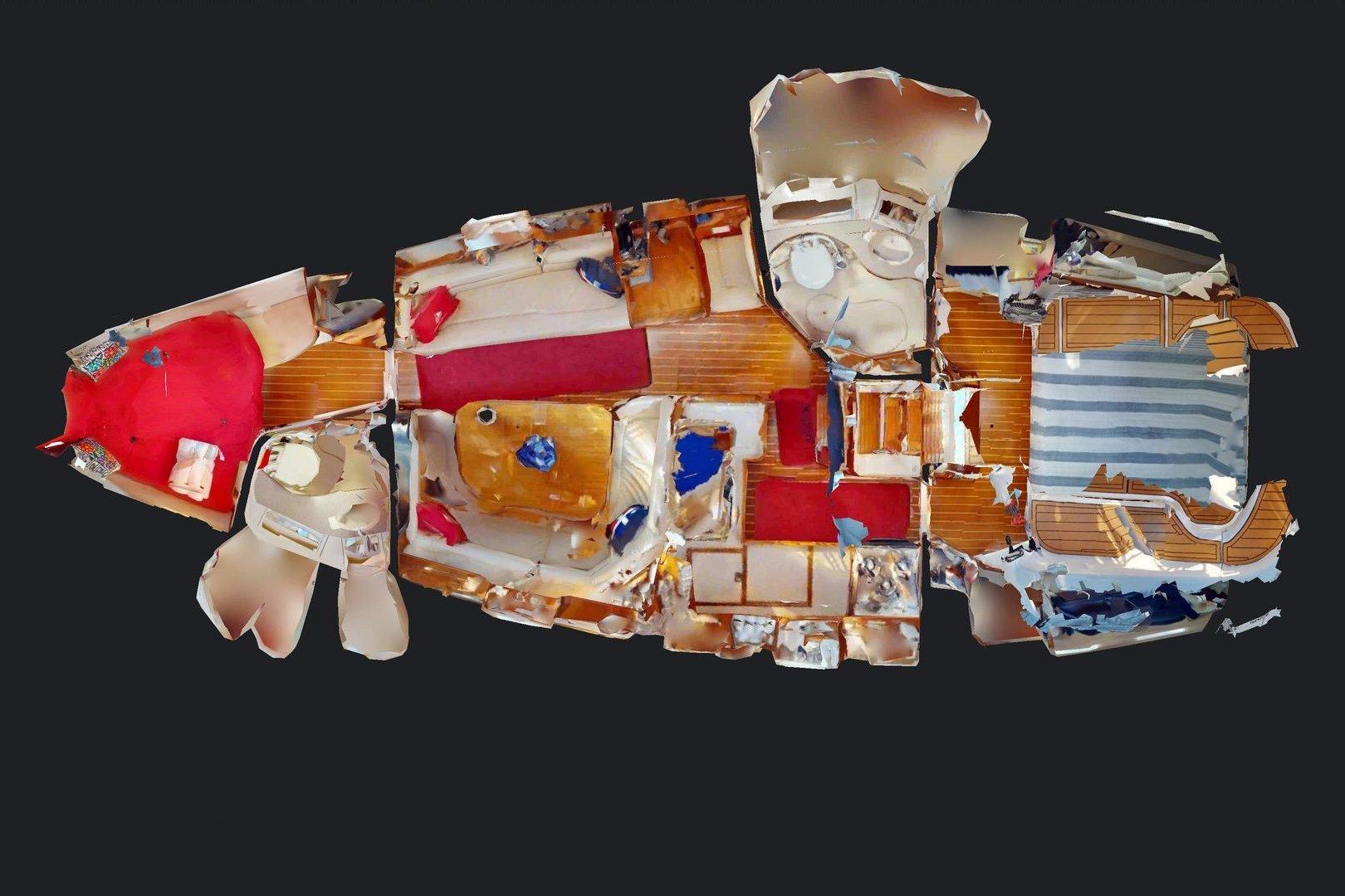 Overhead view of 1997 Hunter Legend 40.5 yacht interior layout, showcasing cabins and amenities.