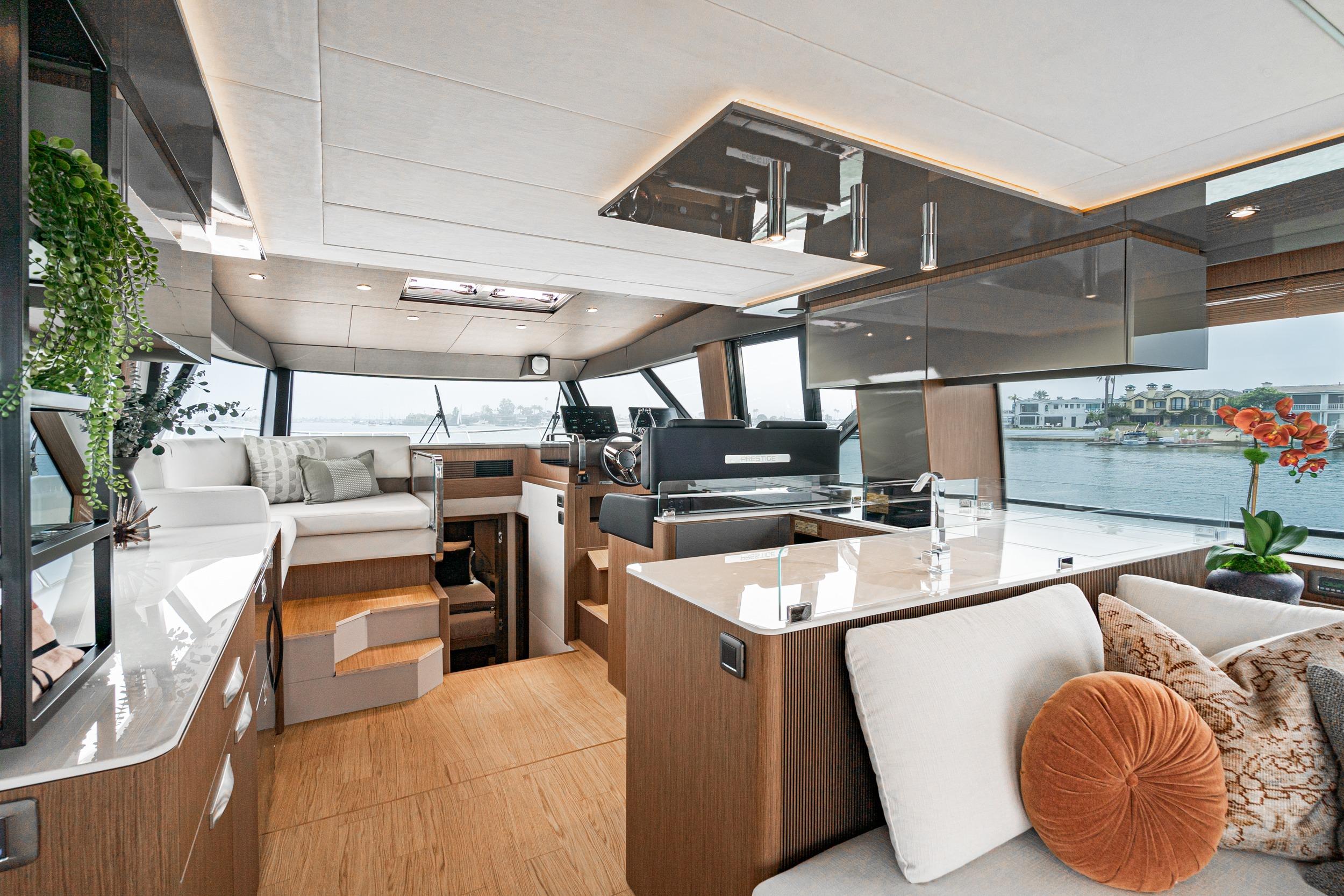 Luxurious interior of 2024 Prestige X60 yacht with modern design and elegant furnishings.