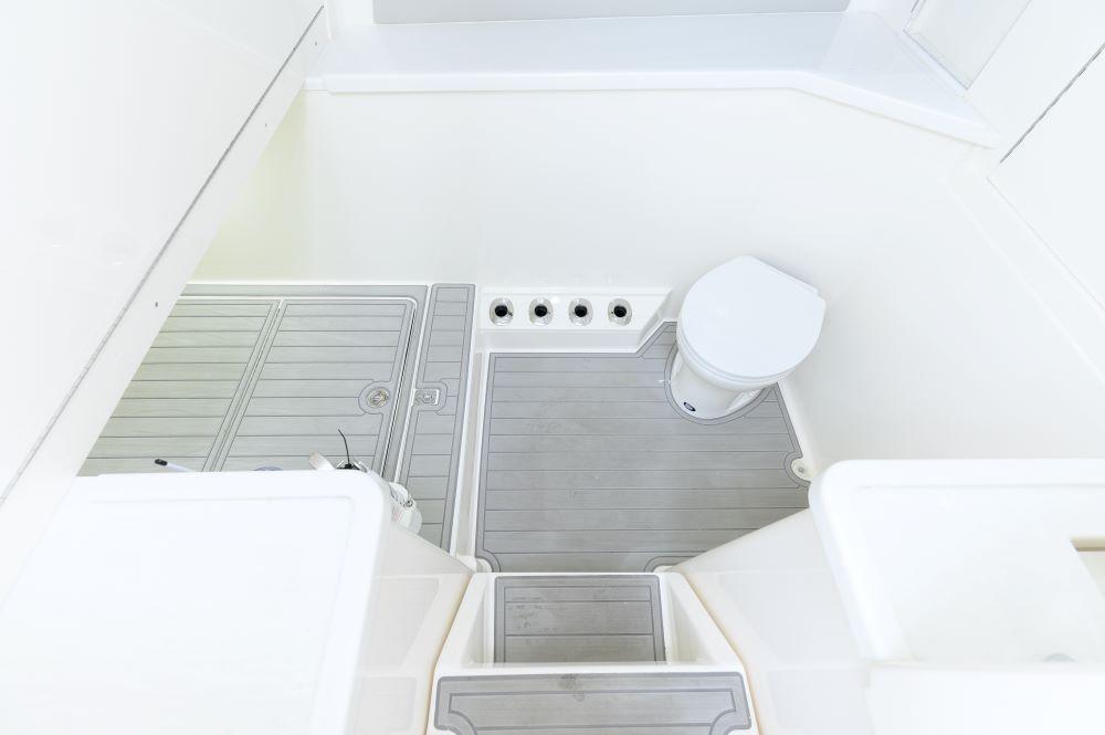 2023 SeaVee 420Z boat interior with modern bathroom amenities.