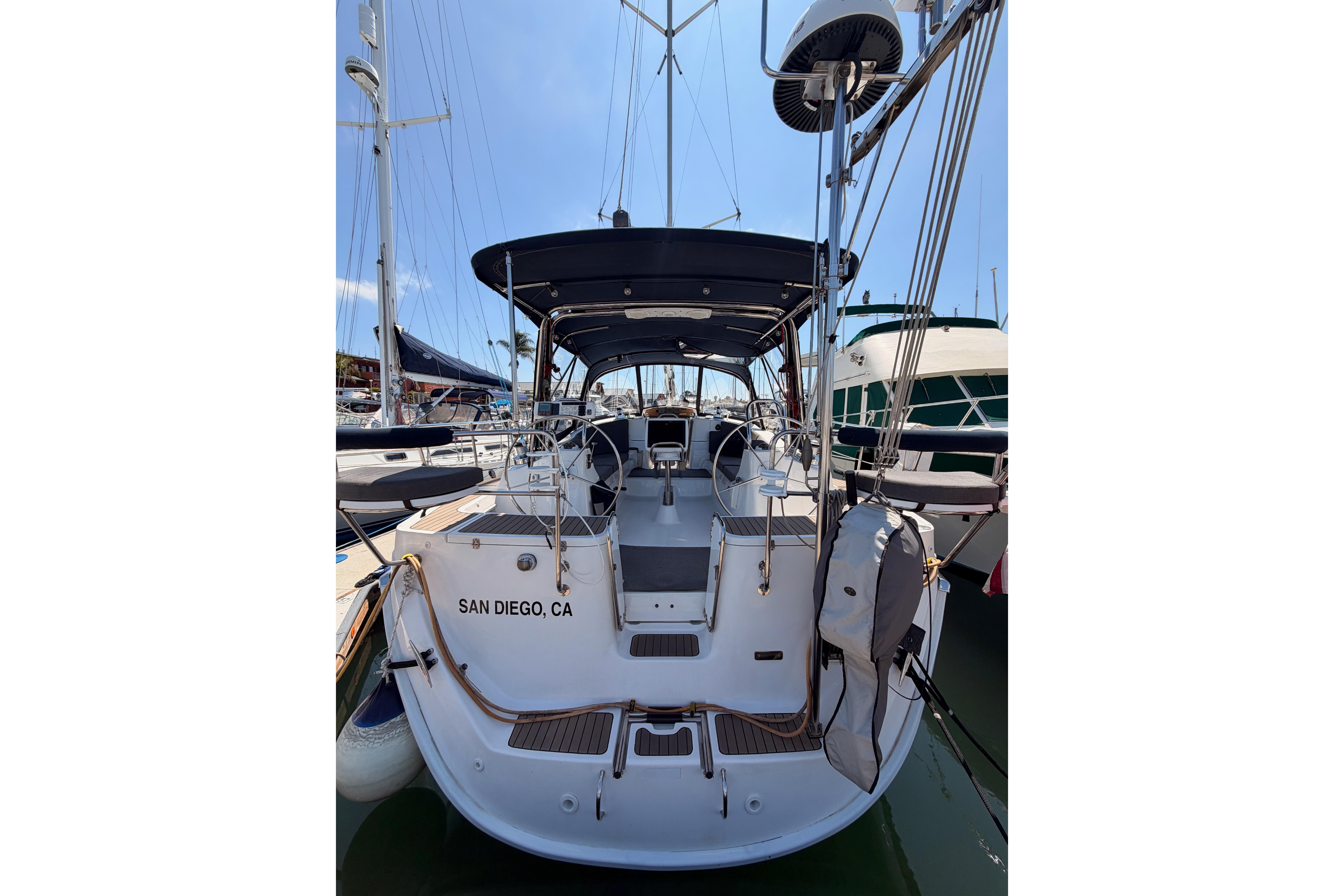 2008 Hunter 45 Deck Salon sailboat docked in San Diego marina.