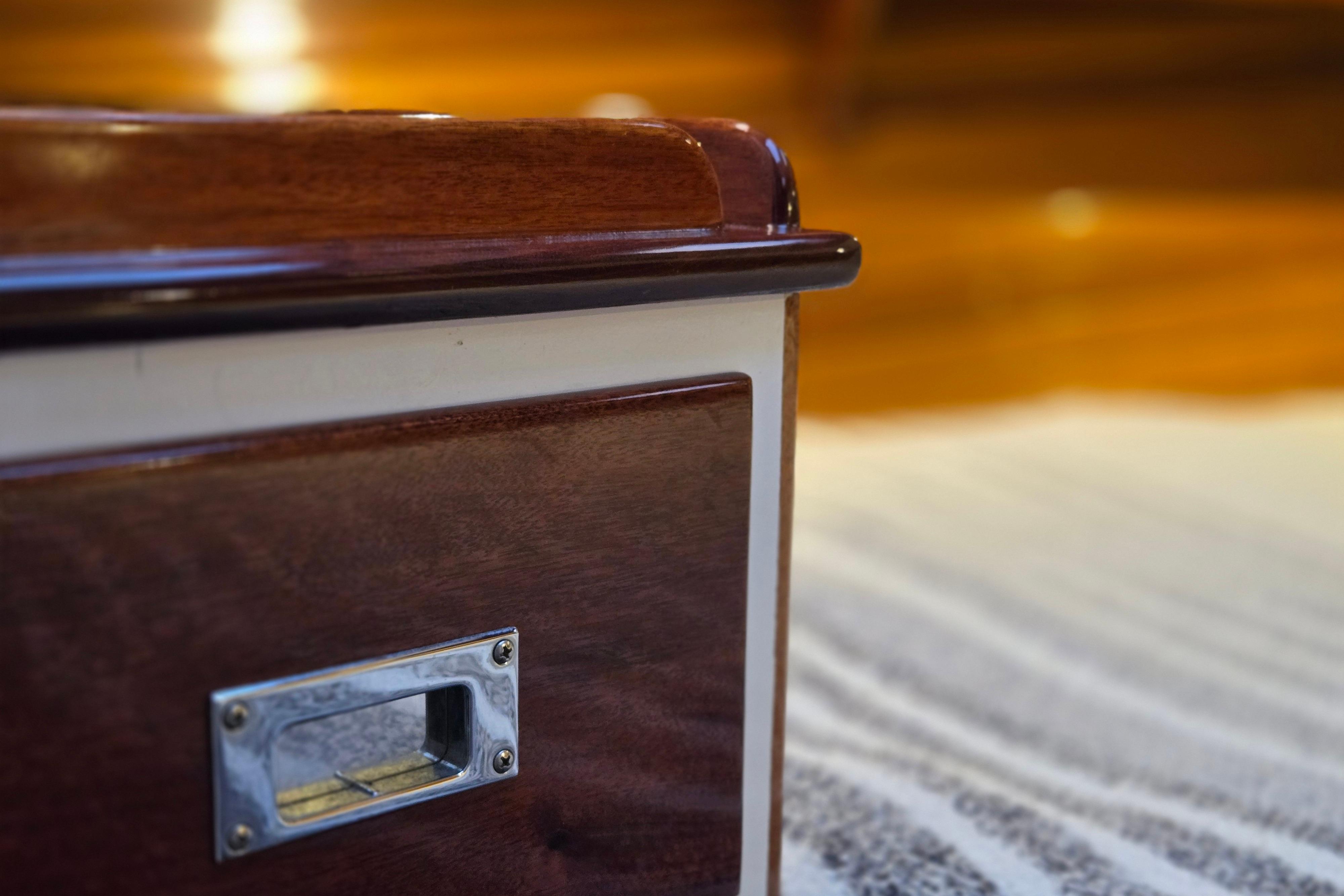 Close-up of 1970 Hinckley Bermuda 40 interior woodwork detail.