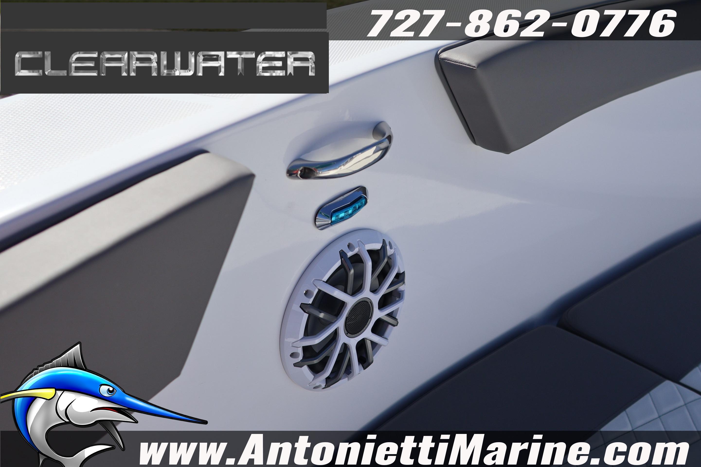 2026 Clearwater 2300 boat interior with speaker and handle, Antonietti Marine branding.
