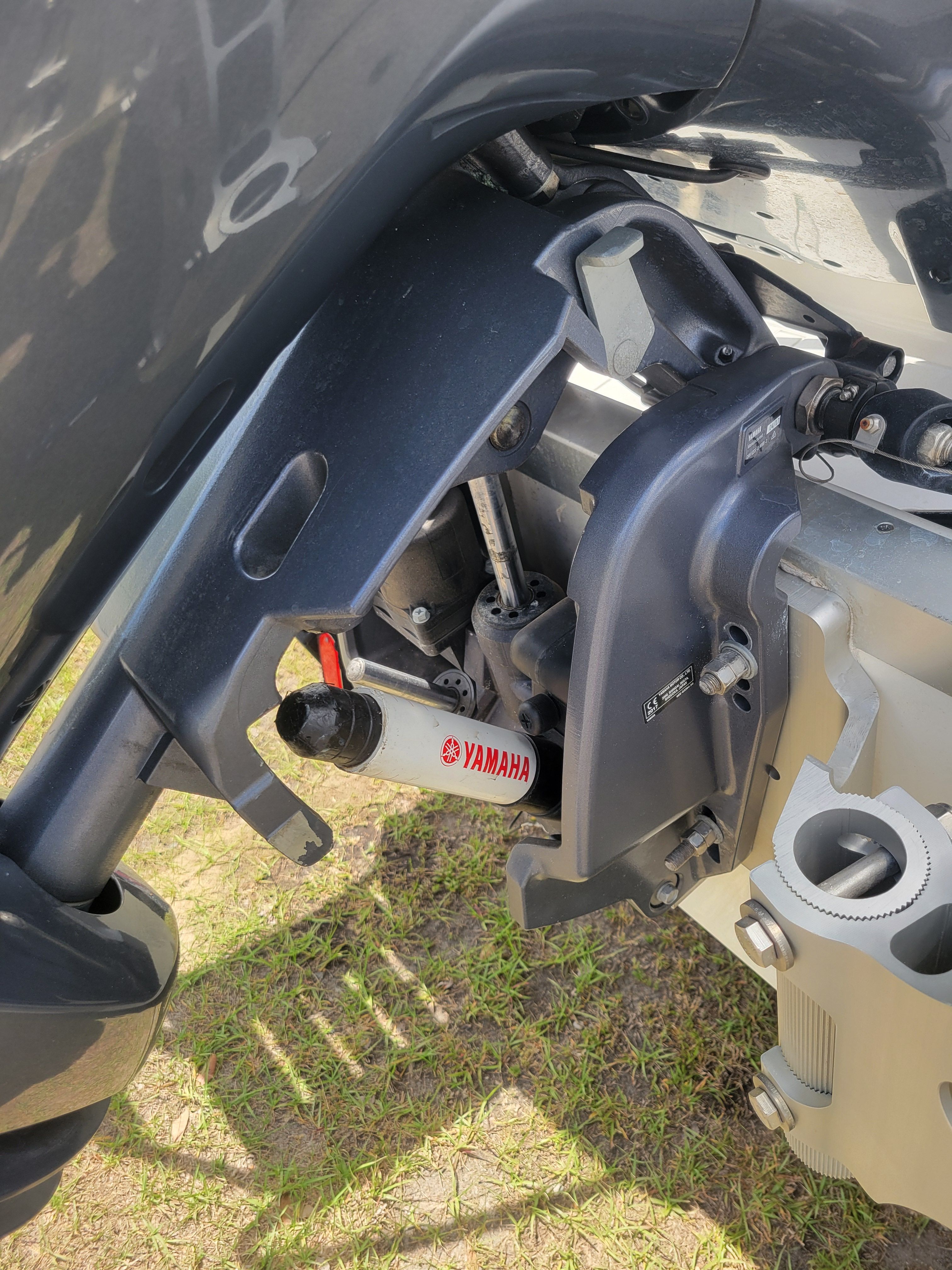 Close-up of a Yamaha outboard motor on a boat.
