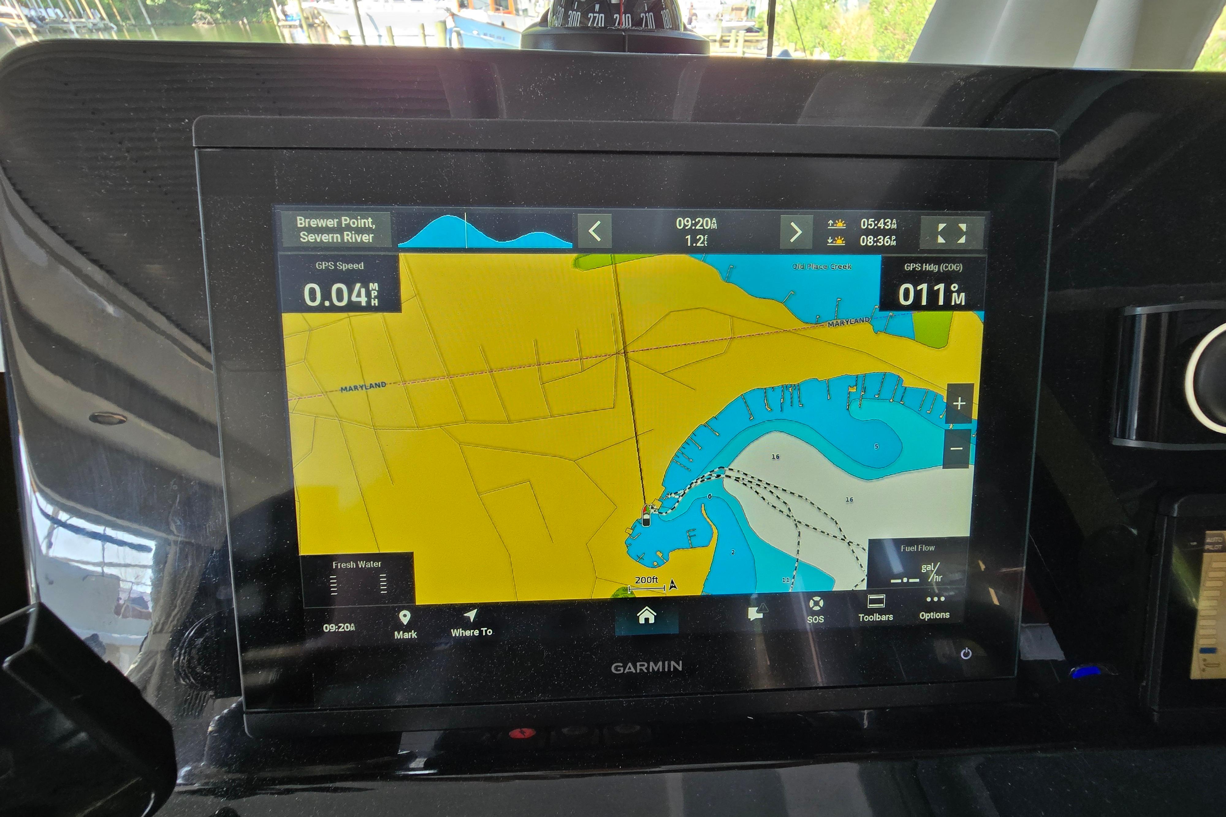 Garmin navigation system on a Jeanneau NC Sport 895 boat, displaying a map of the Severn River.