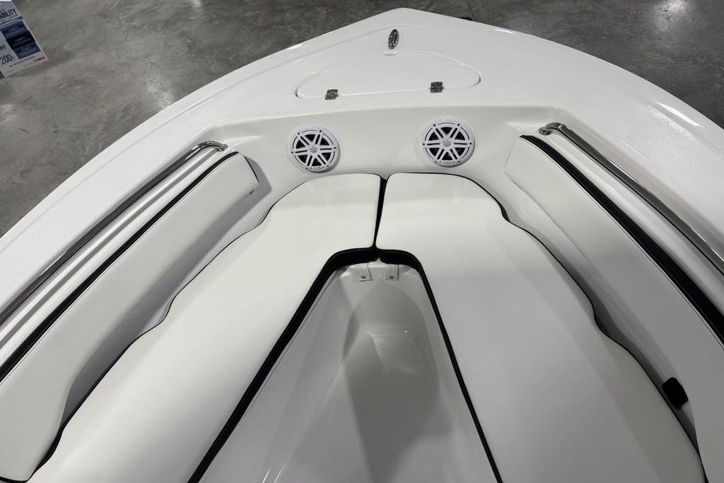 2026 Tidewater 198 CC Adventure boat interior with cushioned seating and stainless steel rails.