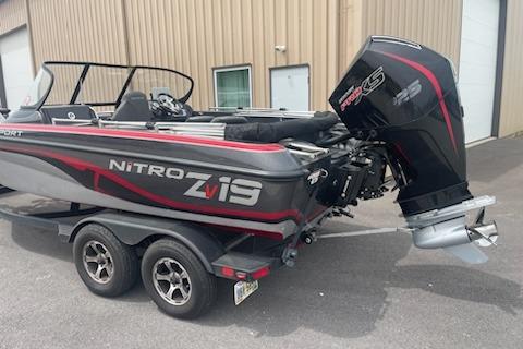 2023 Nitro ZV19 Sport boat with powerful outboard motor on trailer.