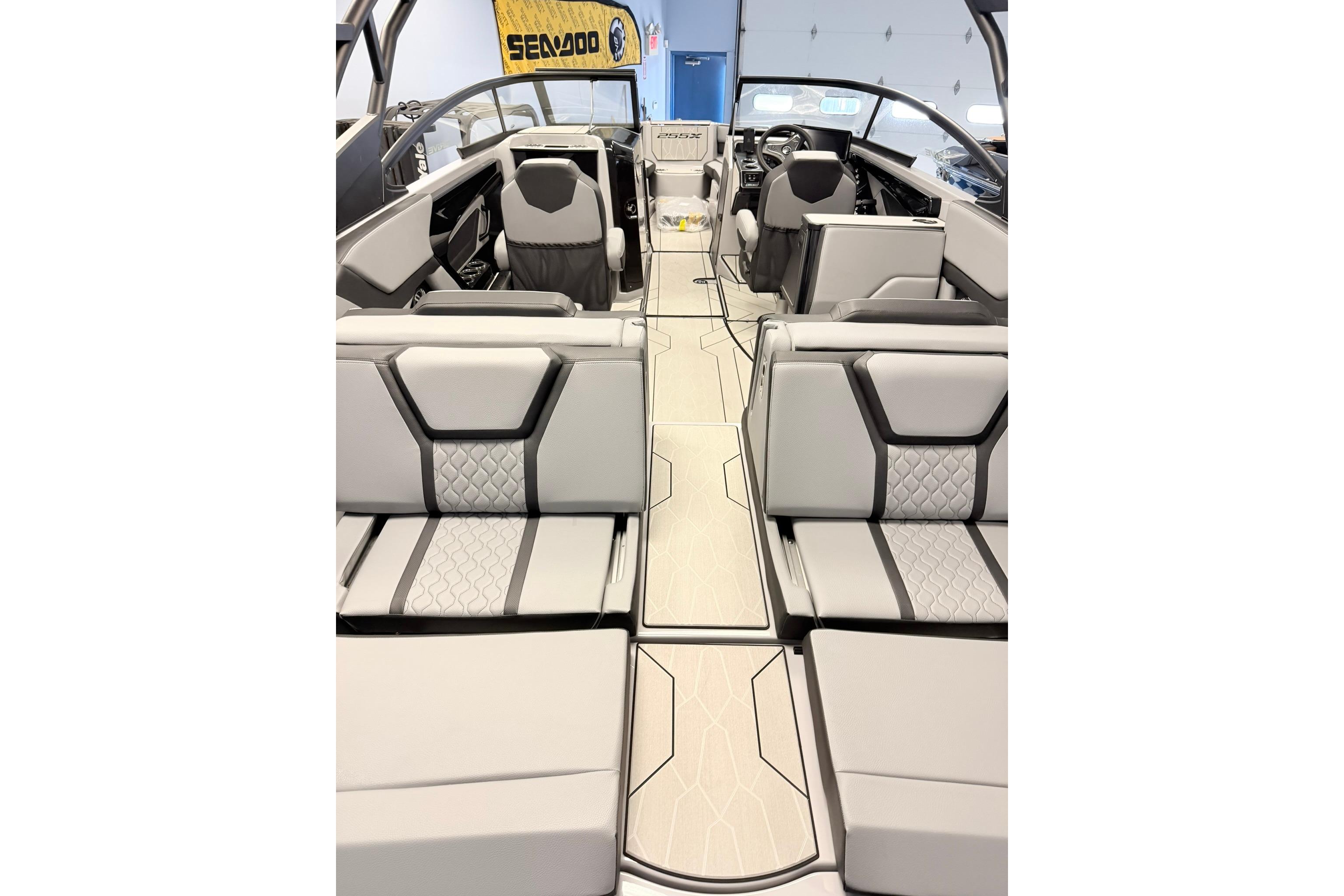 Interior view of 2026 Yamaha Boats 255XD, featuring modern seating and sleek design.