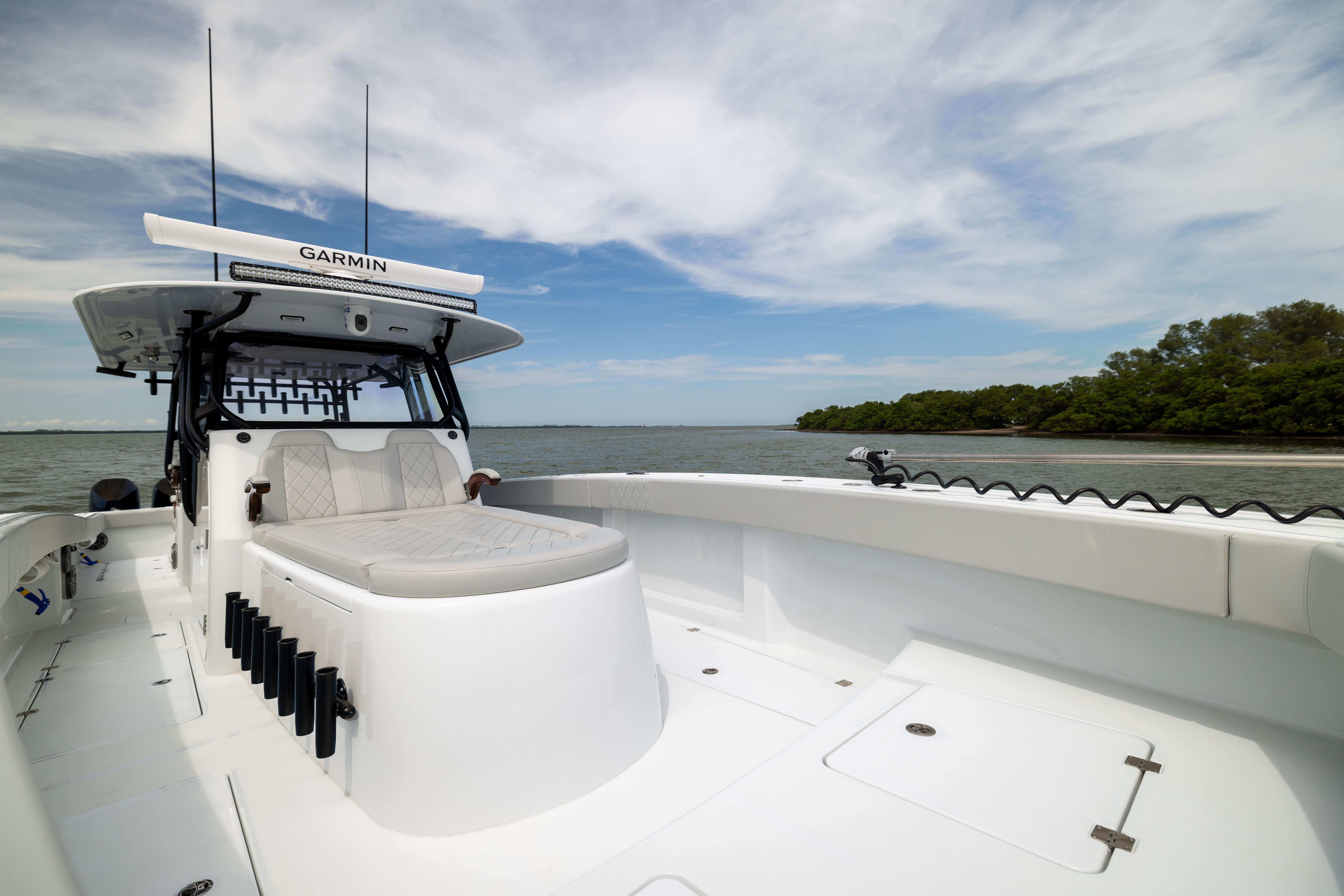 2025 Freeman 42 LR boat on water, featuring spacious deck and advanced navigation system.