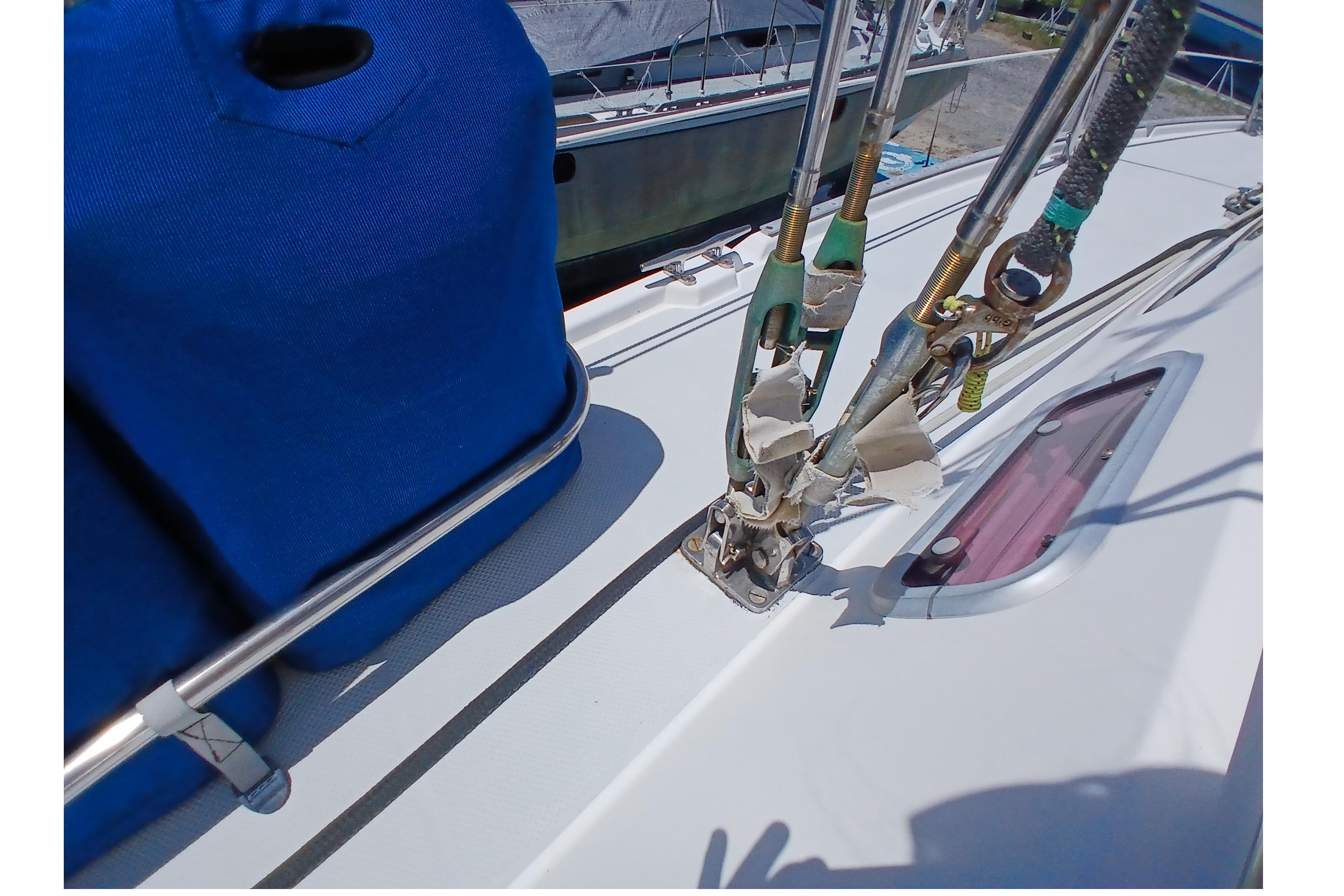 Close-up of rigging on a 1995 Catalina 42 MkII sailboat deck.
