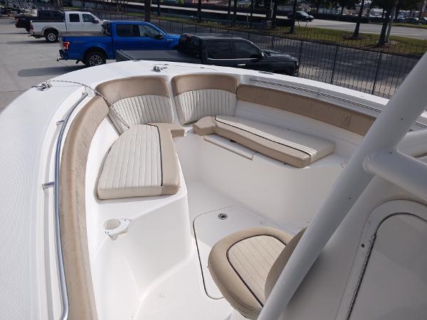 2015 Sea Fox 286 Commander boat interior with cushioned seating.