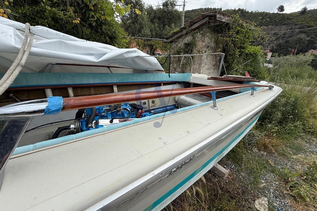 1972 Riva Rudy boat with visible engine, docked outdoors, surrounded by greenery.