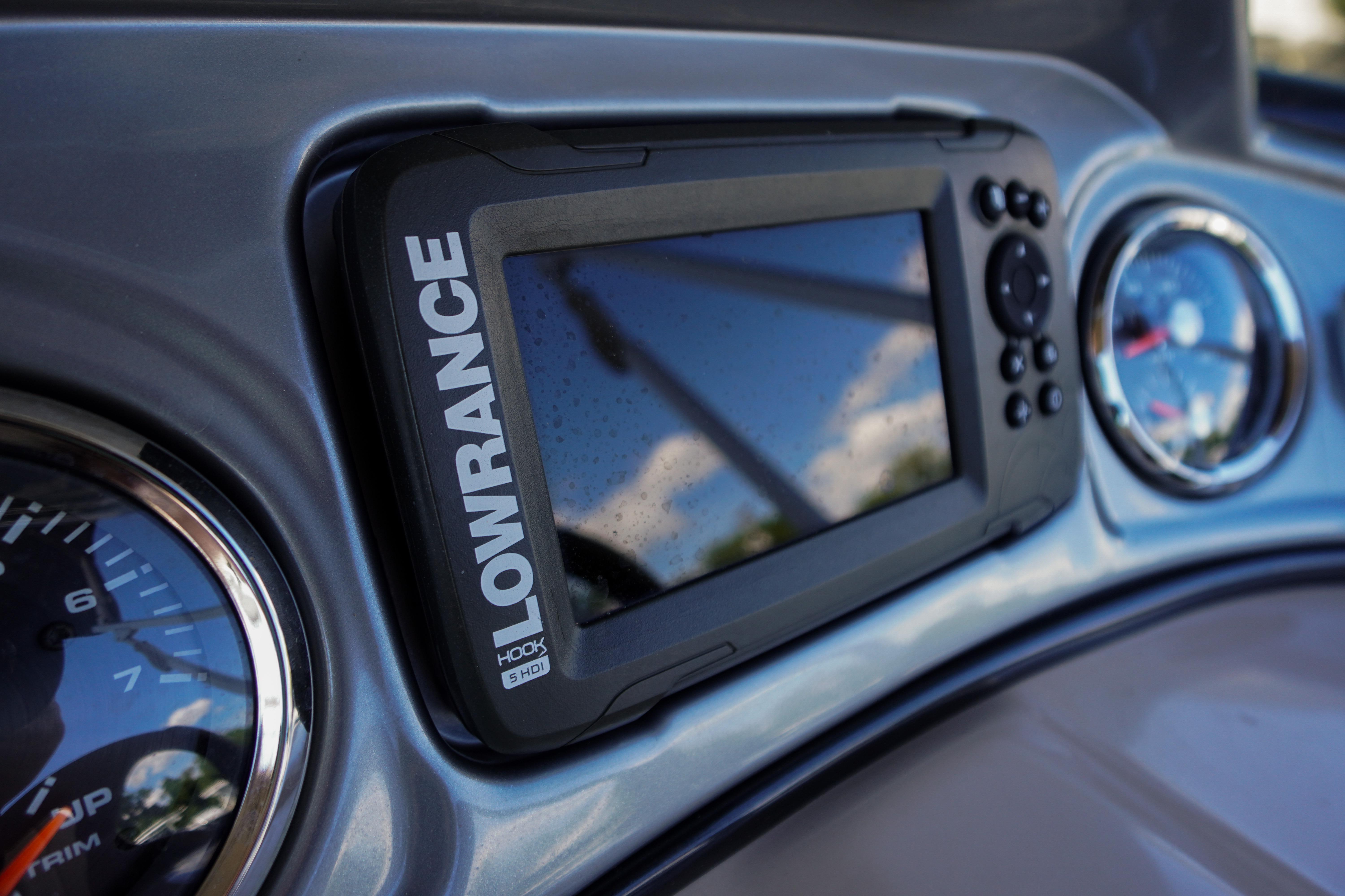 Dashboard of 2019 SUNTRACKER Fishin' Barge 22 DLX with Lowrance Hook 5 HDI display.