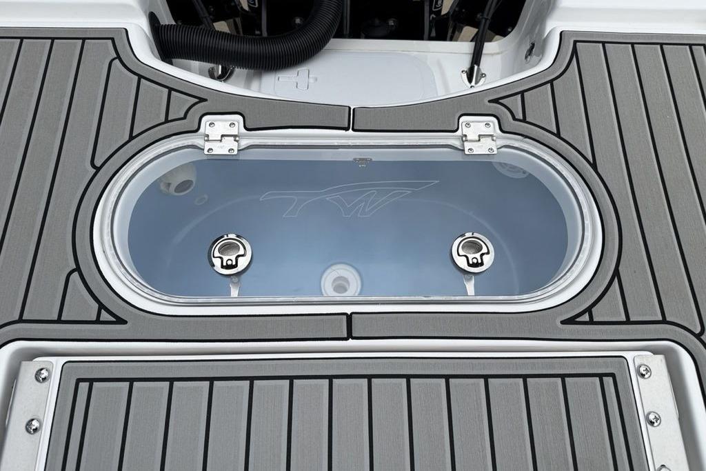 Livewell on 2026 Tidewater 2500 Carolina Bay boat with sleek deck design.