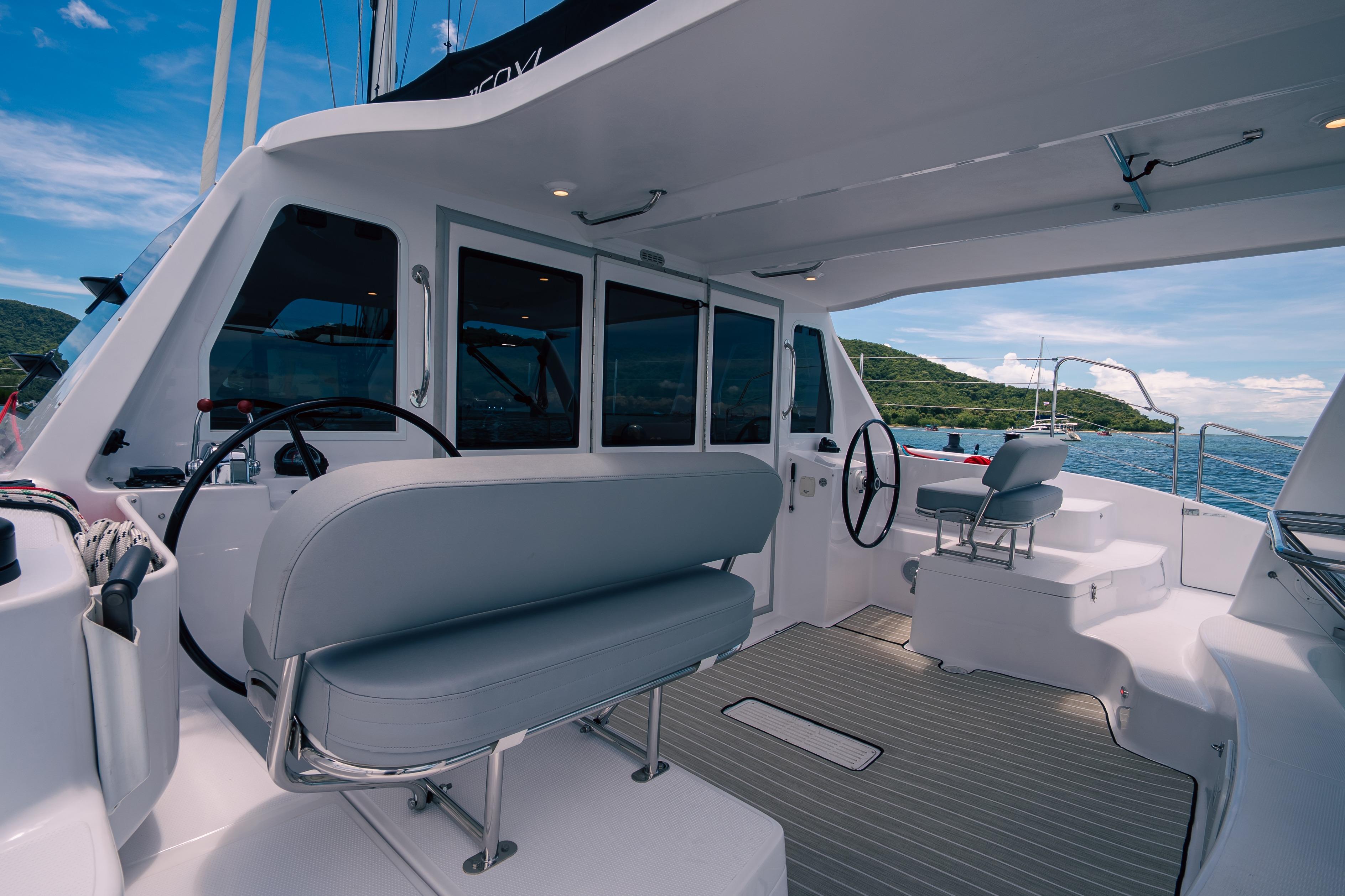 2026 Seawind 1160XL yacht cockpit with modern seating and ocean view.