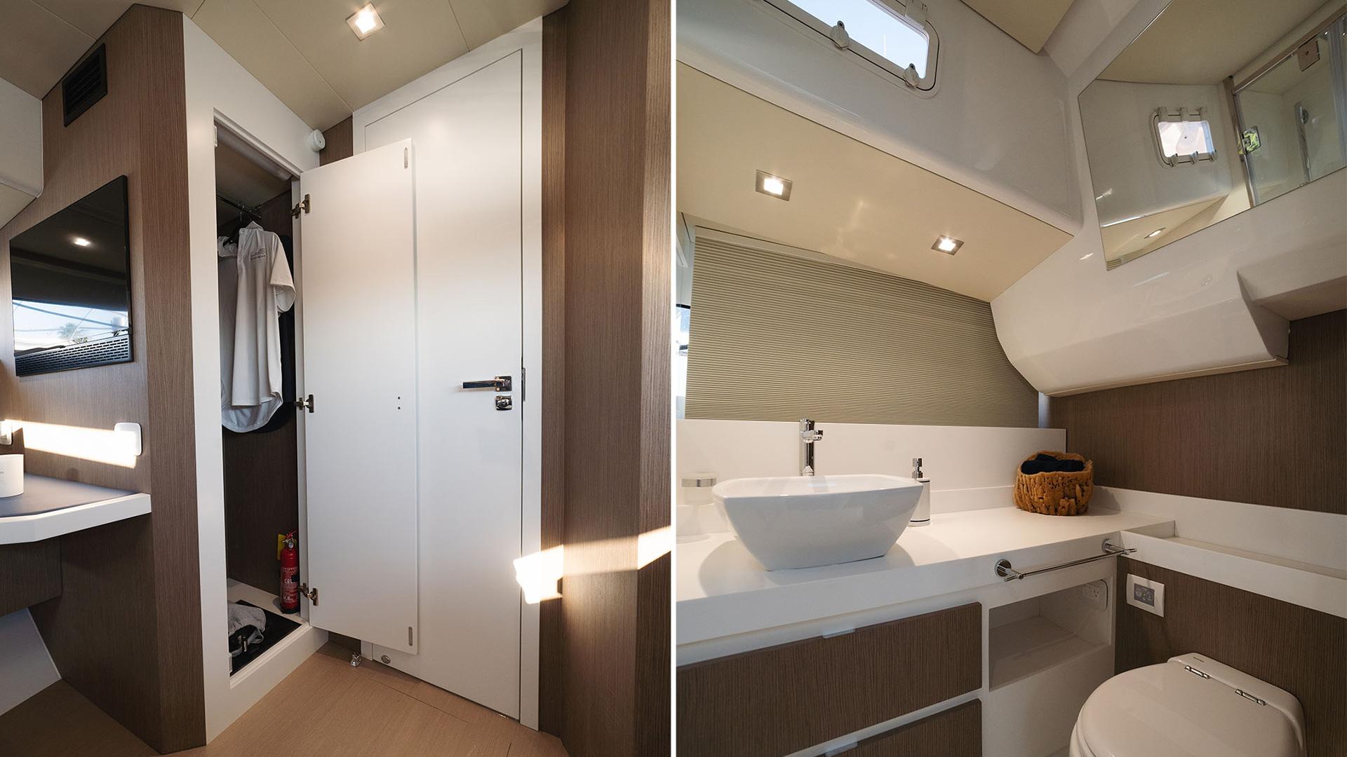 Modern bathroom and closet in 2025 Fiart 43 Seawalker yacht.