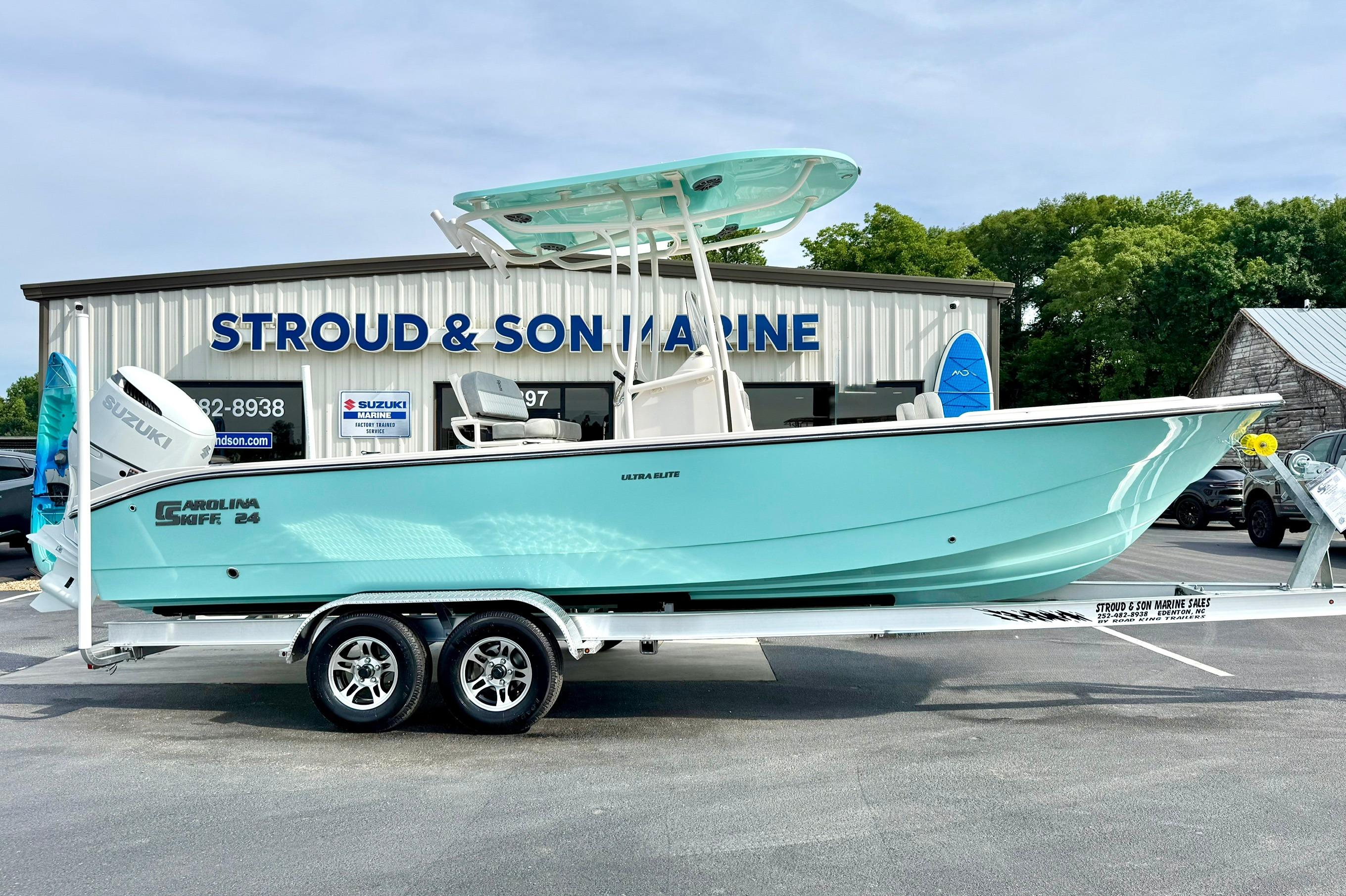 2026 Carolina Skiff 24 Ultra Elite boat on trailer at Stroud & Son Marine.