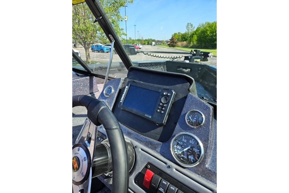 2026 Ranger VS1882SC Angler boat dashboard with steering wheel and navigation system.