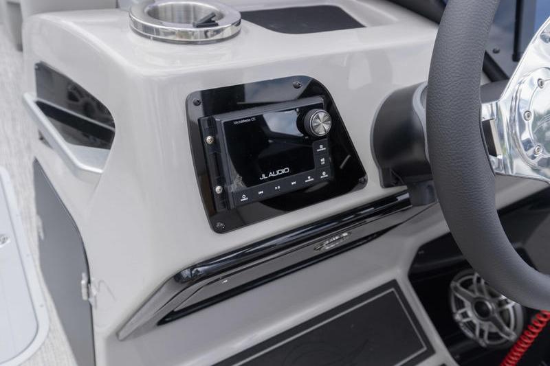 Control panel of 2026 SunCatcher Elite 326 SS boat with JL Audio system.