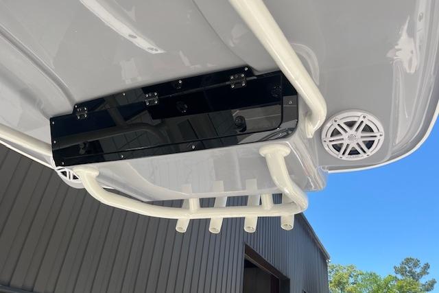 2026 Key West 239 FS boat underside with rod holders and speakers.