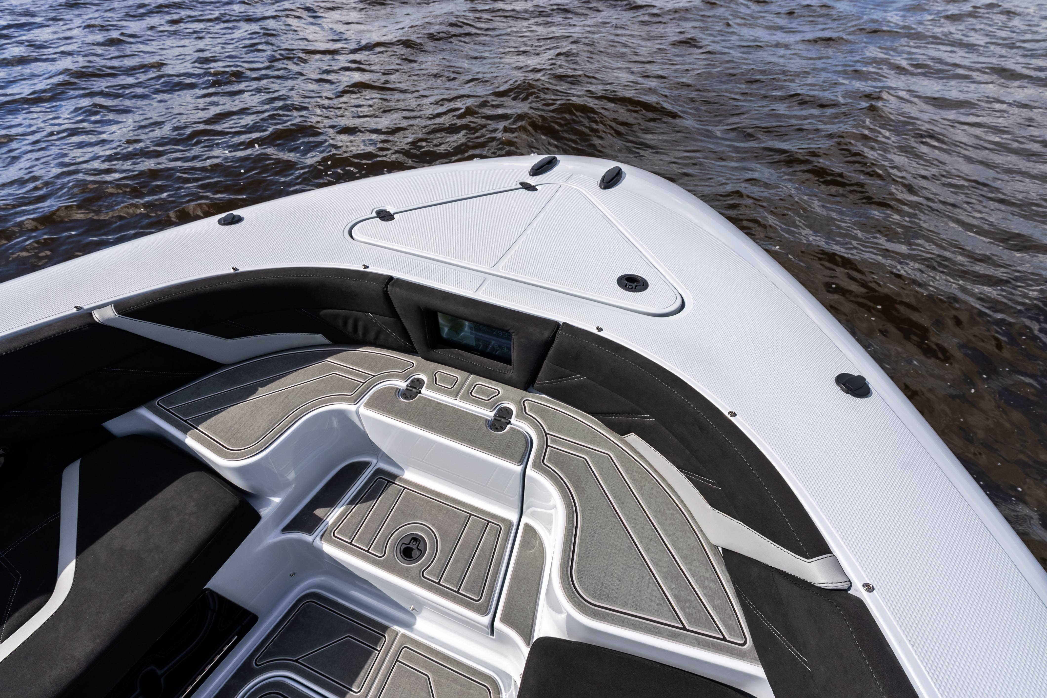 2027 Mystic Powerboats M4200 interior with sleek design on open water.