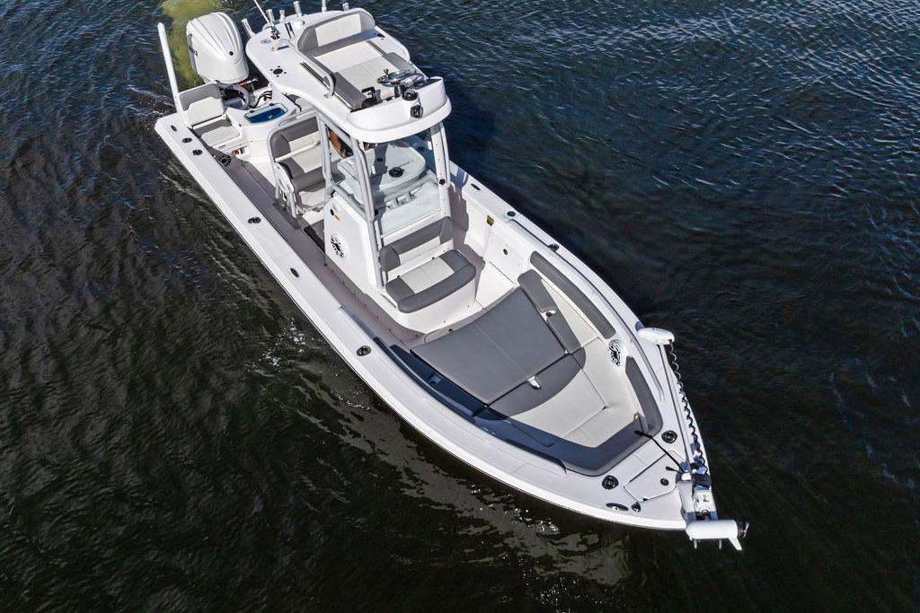 2023 Everglades 243 Center Console boat on water, aerial view.