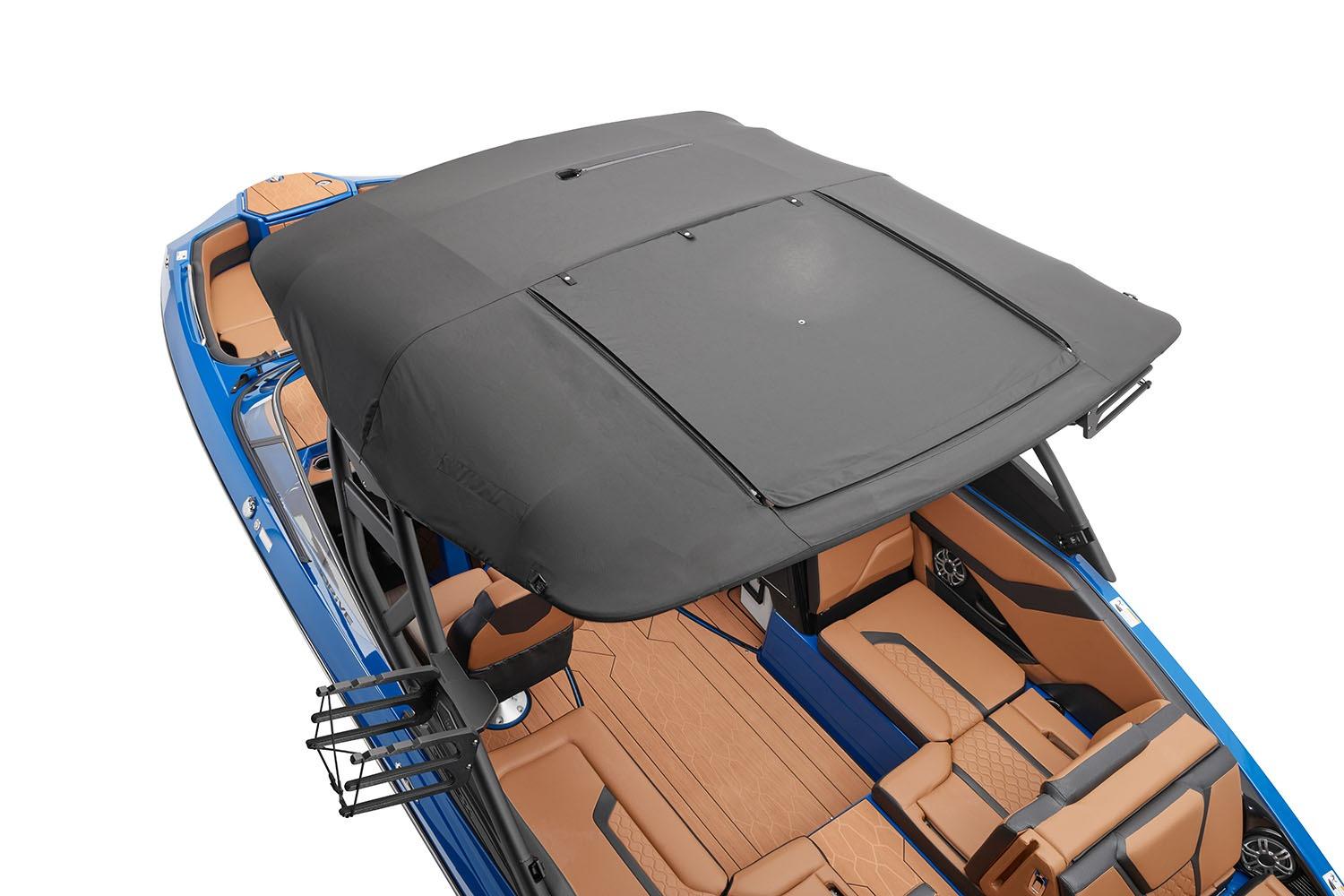 Manufacturer Provided Image: 2026 Yamaha Boats 255XD with black canopy and tan seating, top view.