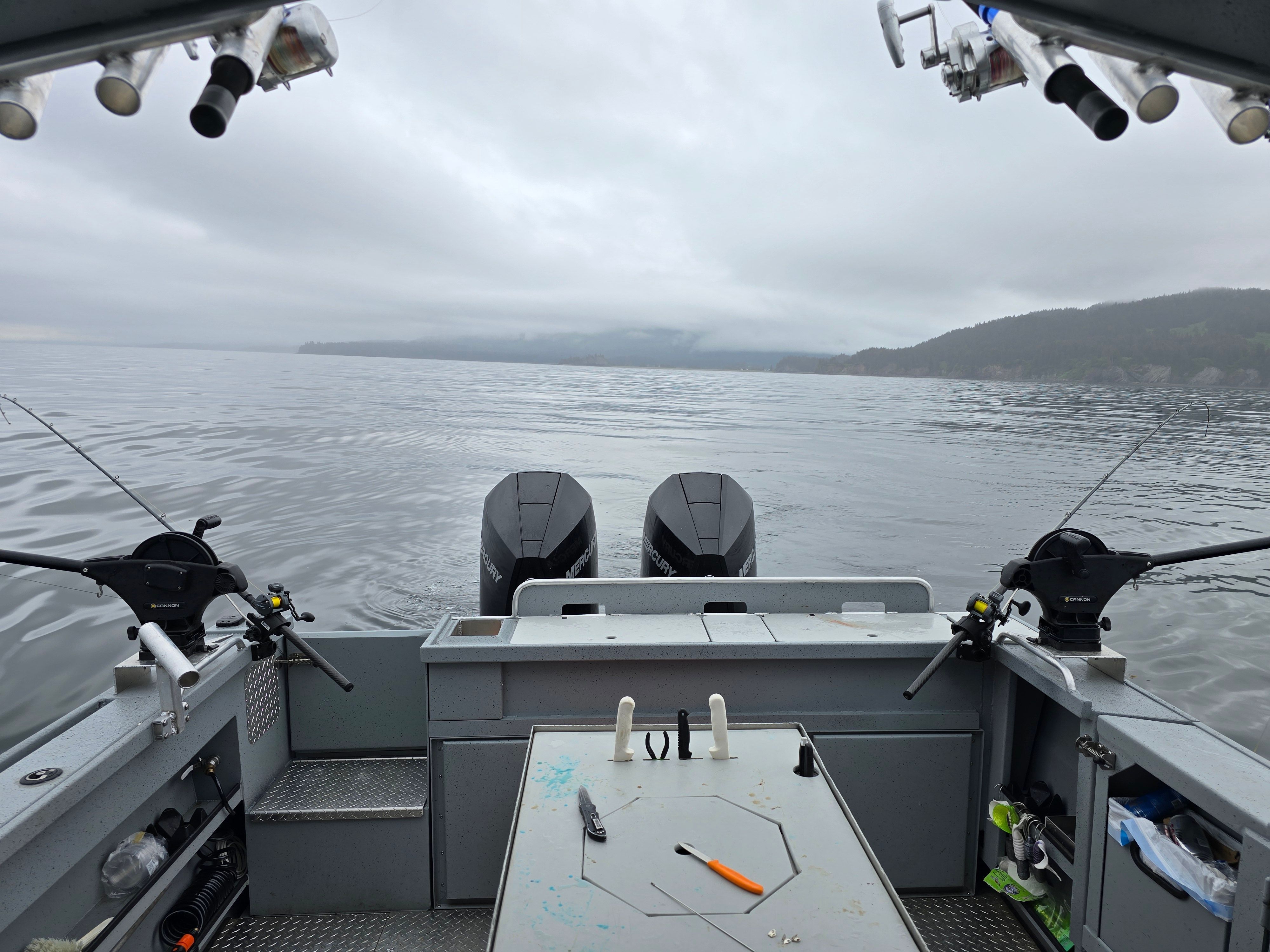 Custom Alaskan Explorer 2025 boat on calm water with fishing rods.