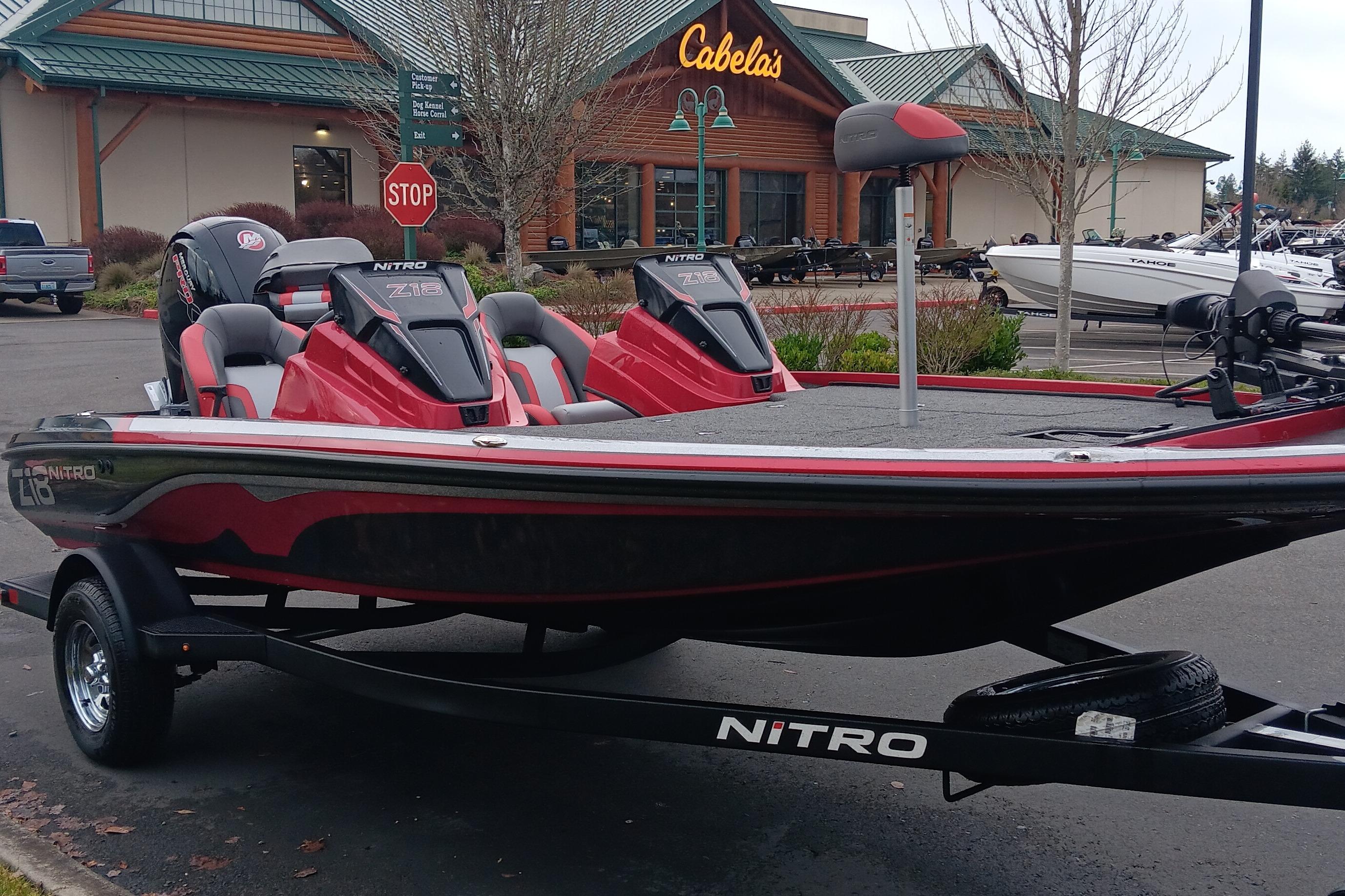 2026 Nitro Z18 Pro boat displayed outside Cabela's store.