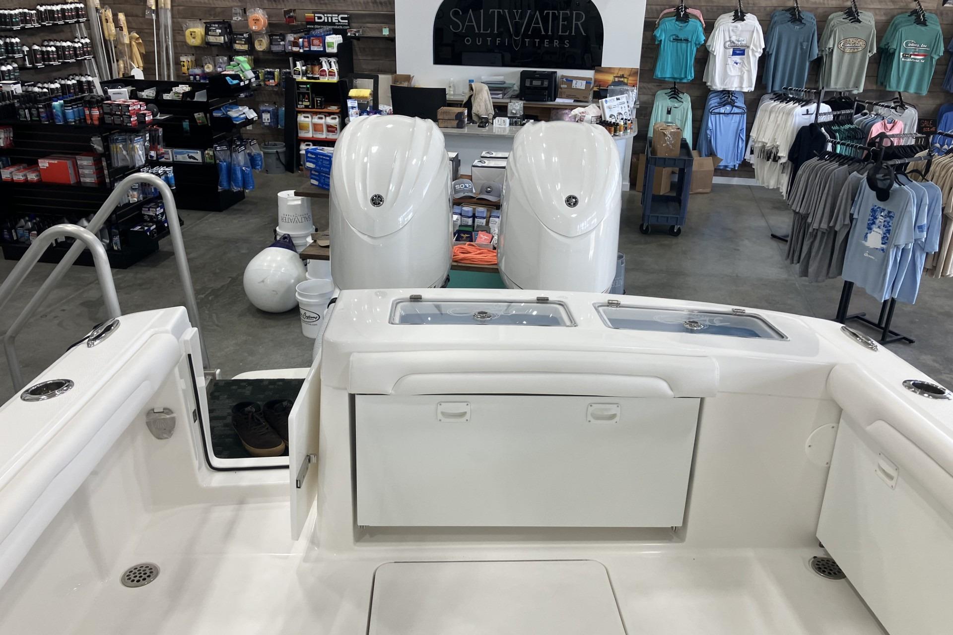 2026 Albemarle 27 Dual Console boat interior at Saltwater Outfitters store.
