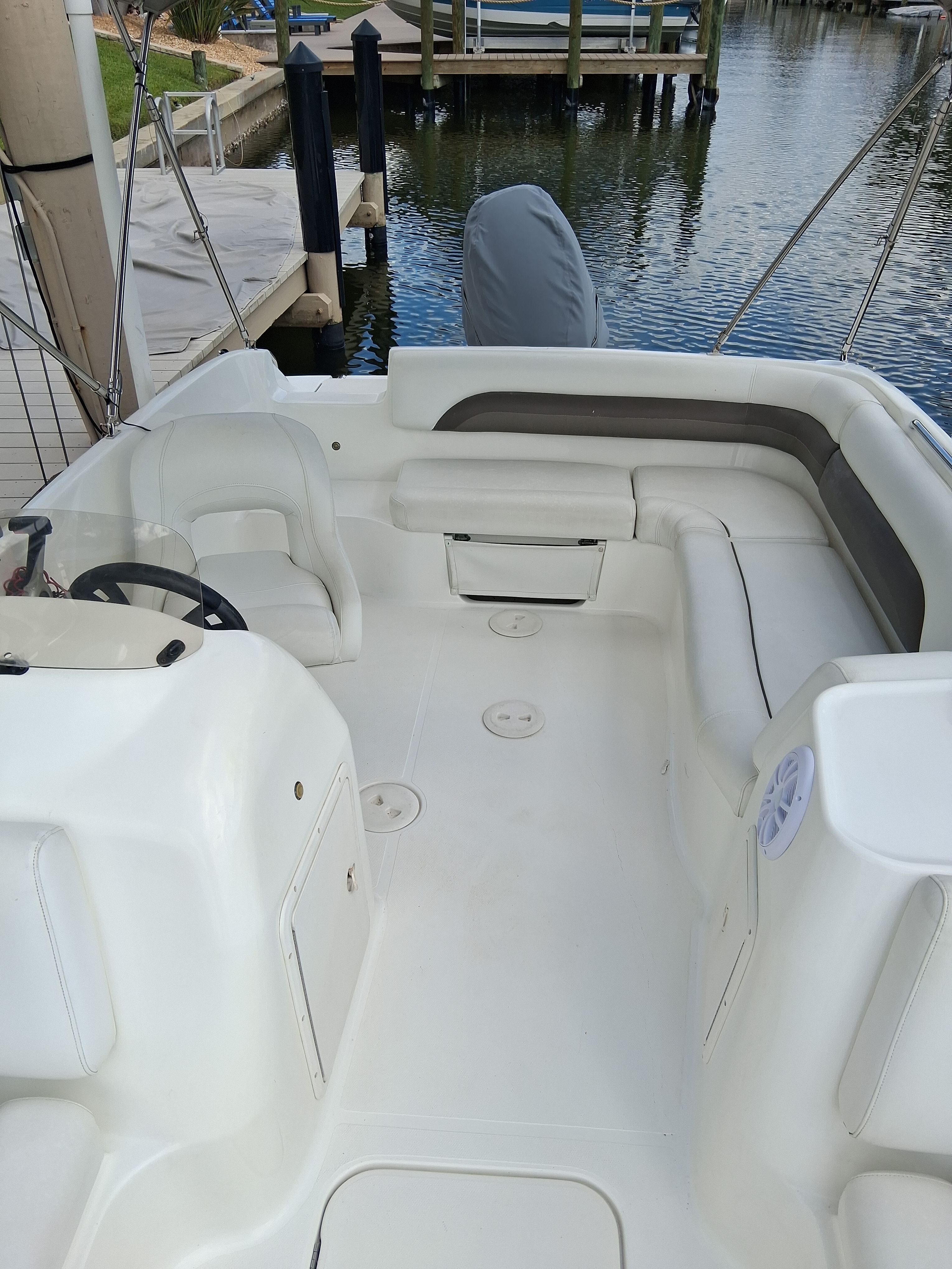 Interior of a 2013 Hurricane 188SD boat at the dock.