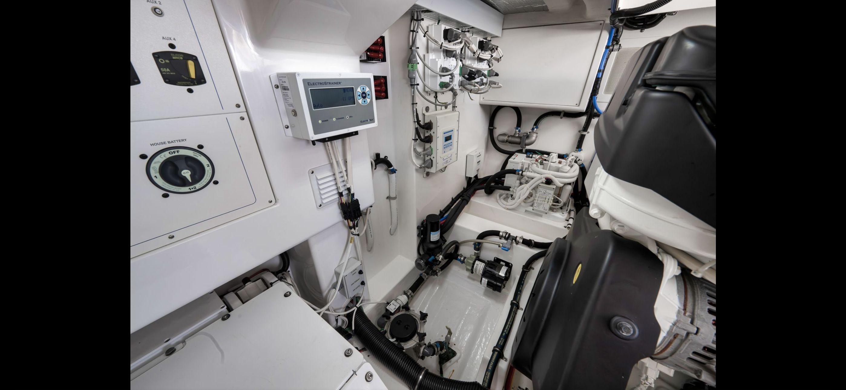 Engine room of 2022 Mag Bay 42 Express with modern equipment.