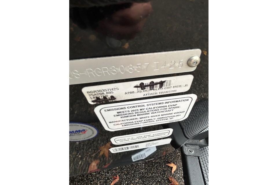 Close-up of 2025 Ranger ALPHA 208 emissions control and identification labels.