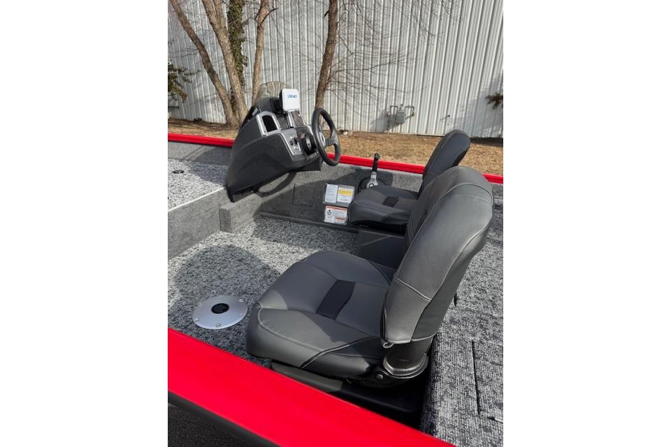 2026 Tracker Pro Team 175 Crappie Edition boat interior with gray seats and steering console.
