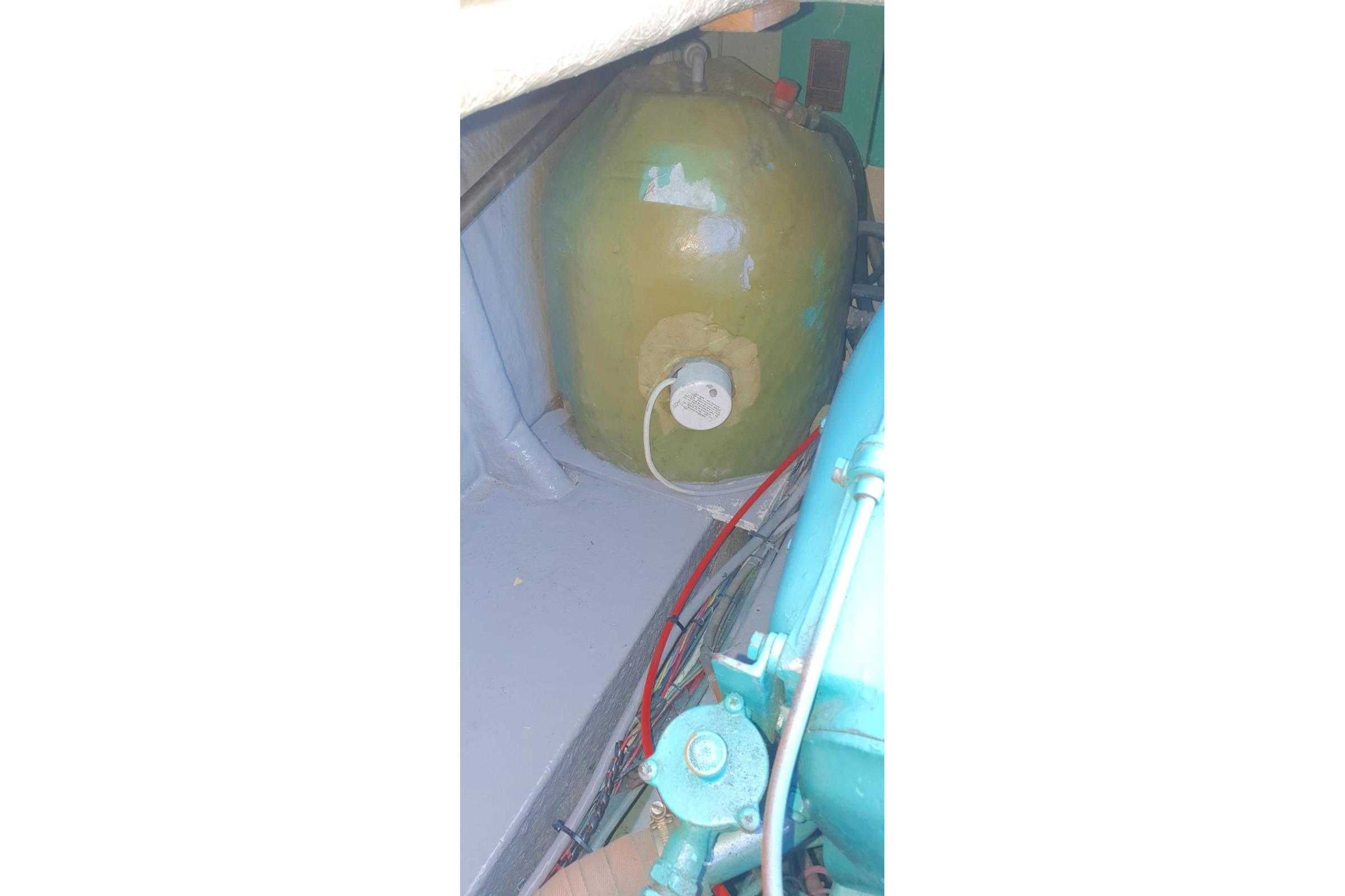 Engine compartment of 1989 Fairey Spearfish MKIII with visible tank and wiring.