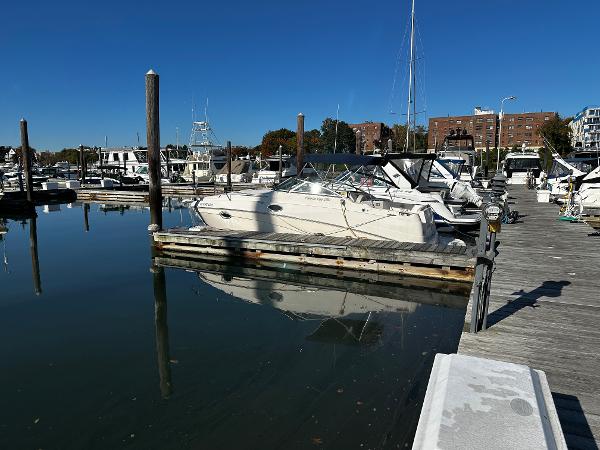 2004 Rinker Fiesta Vee 250 docked at a marina under clear blue skies.