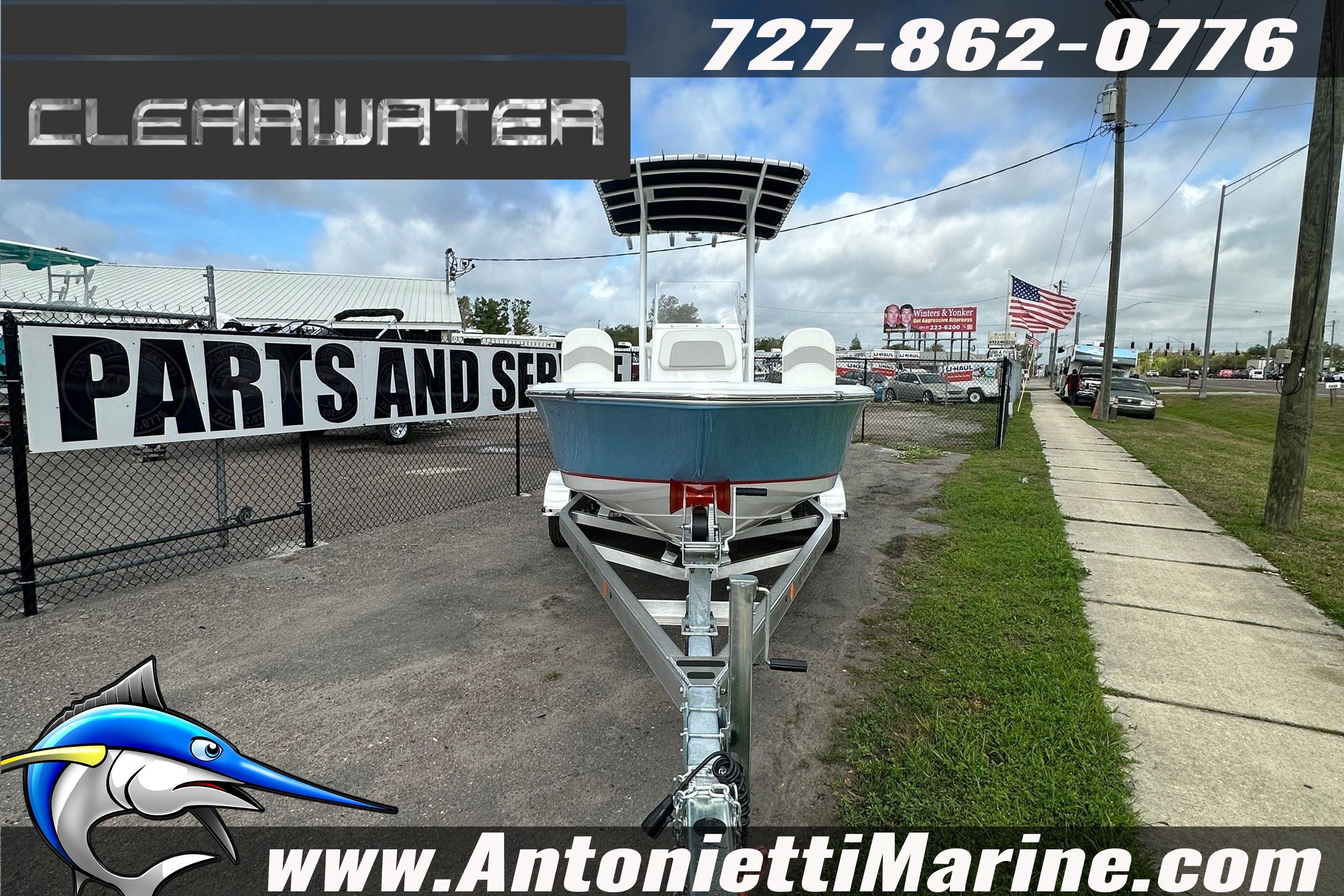 2026 Clearwater 2100 Bay boat on trailer at Antonietti Marine dealership.