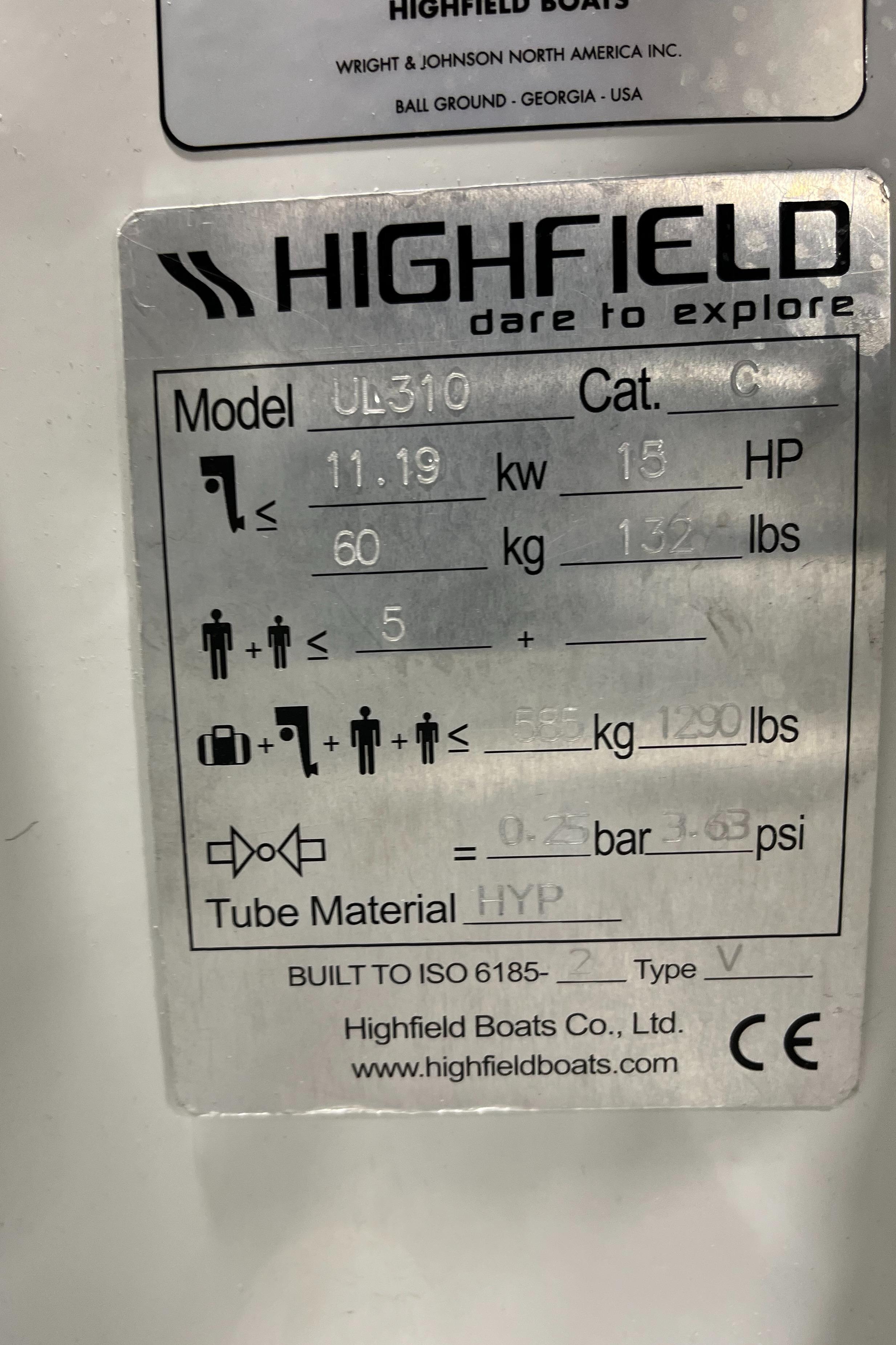 Highfield Ultralite 310 boat specifications plate, 2025 model, displaying power and capacity details.