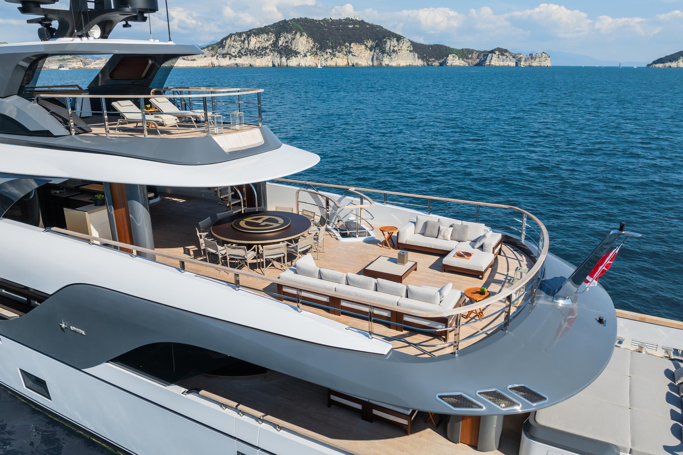Luxurious 2023 Admiral 55 S-Force yacht with spacious deck and stunning ocean view.