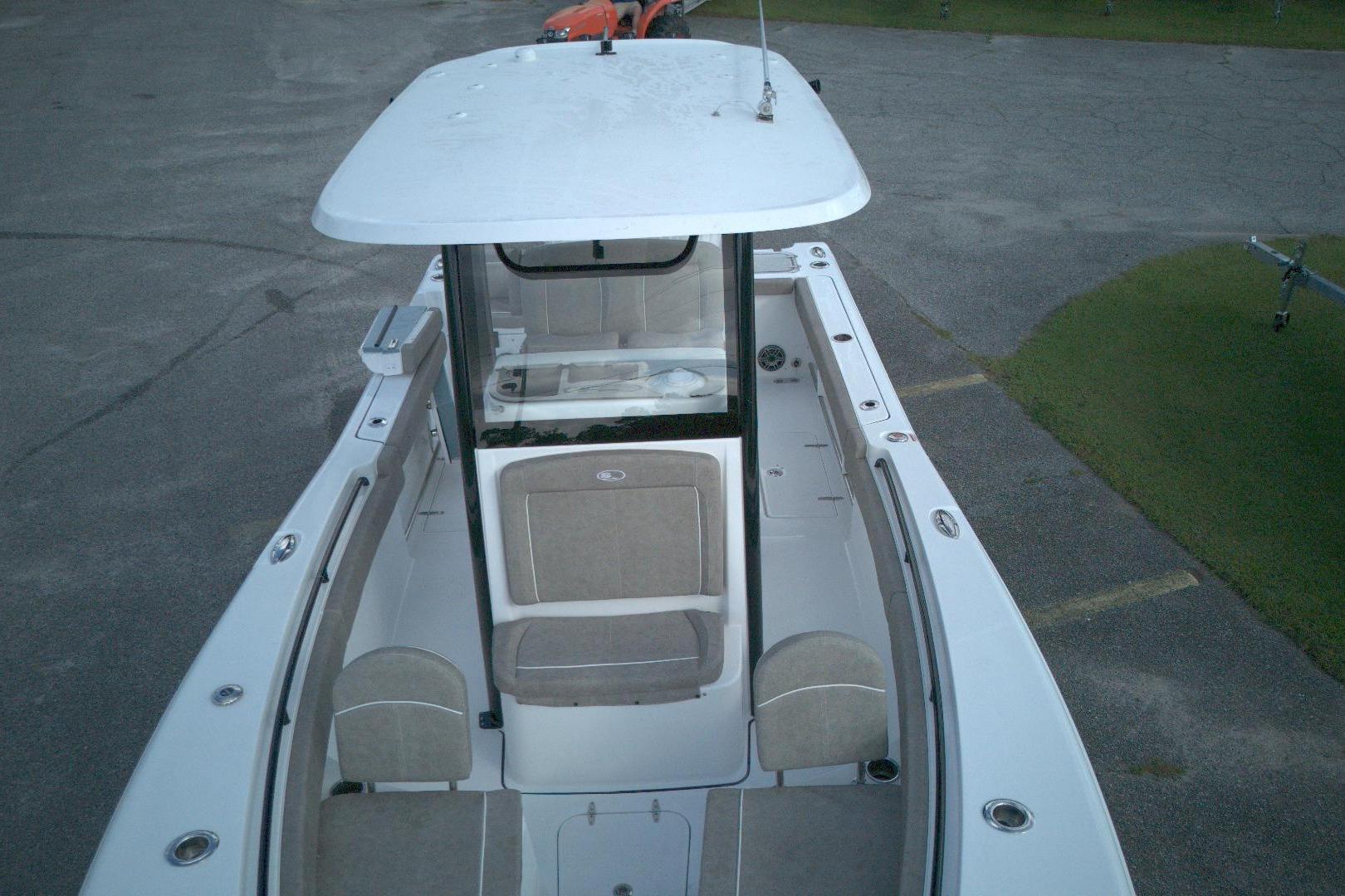 2026 Sea Hunt Gamefish 25 boat, aerial view of deck and seating area.