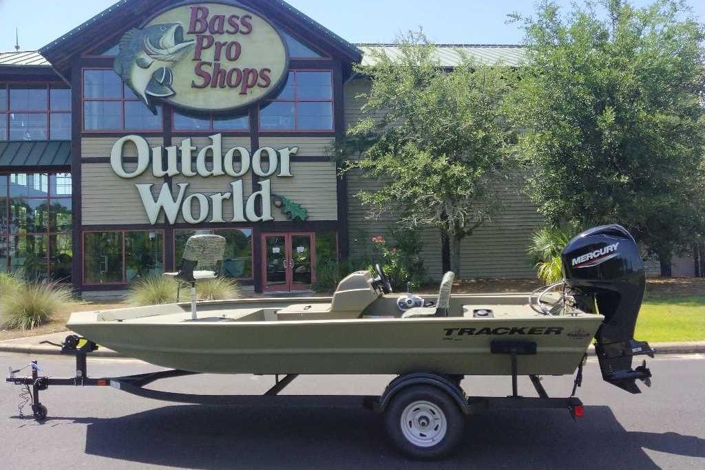 2026 Tracker Grizzly 1754 SC boat outside Bass Pro Shops Outdoor World.