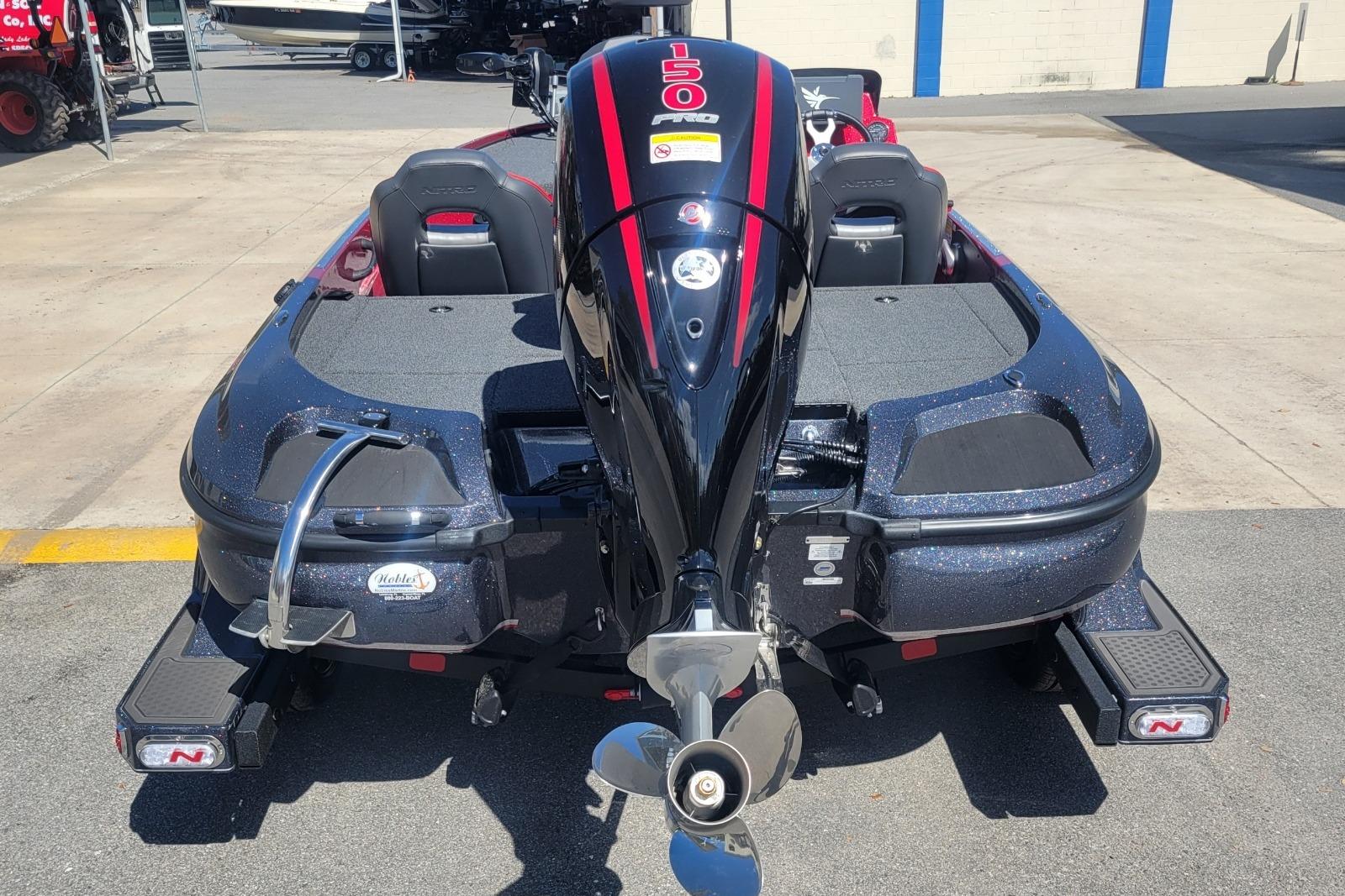 2026 Nitro Z18 boat with powerful 150 HP engine, rear view.