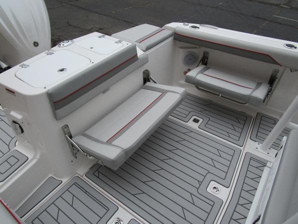 2025 Solara S-250 CW boat interior with foldable seats and non-slip flooring.