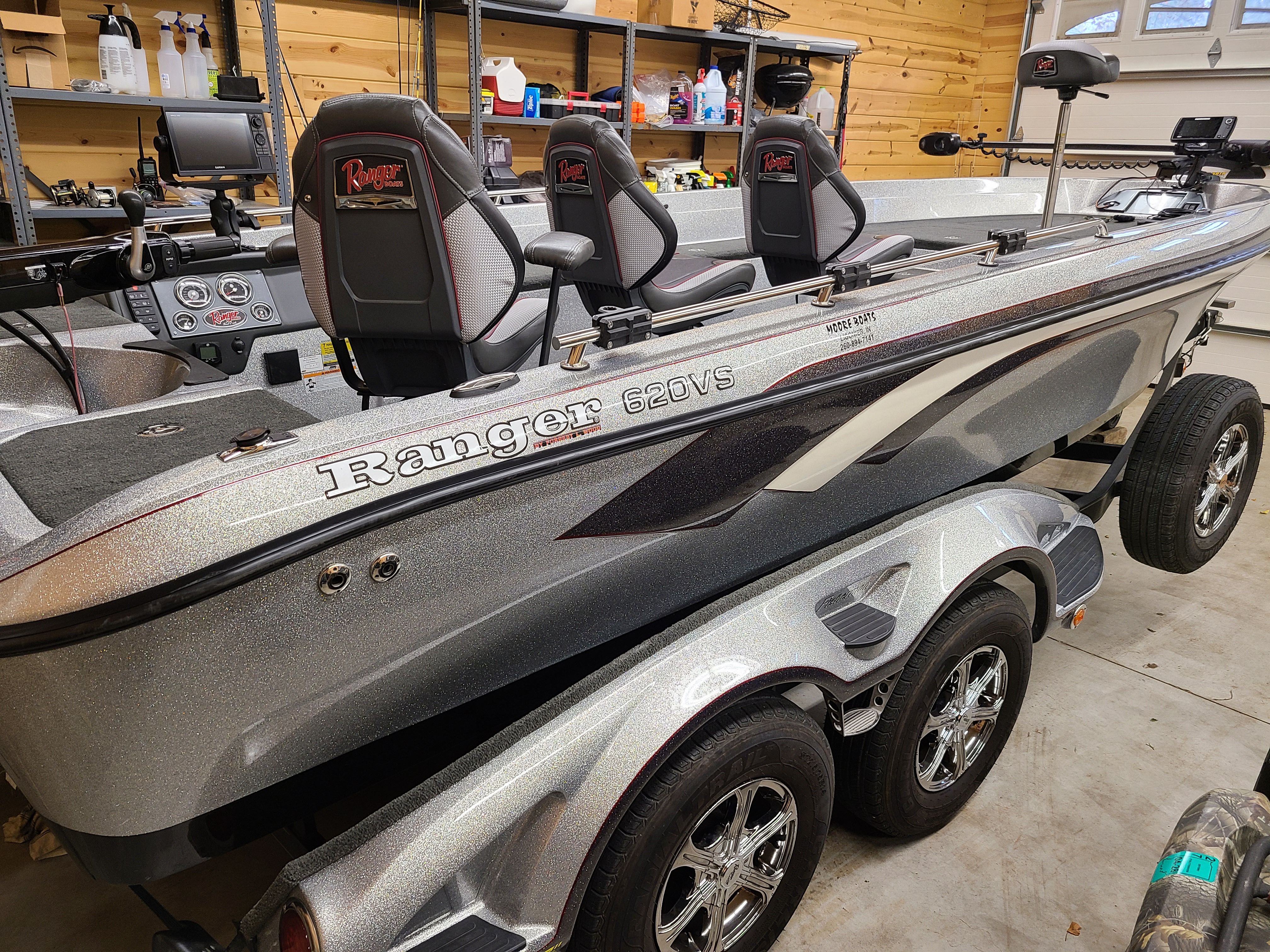 2018 Ranger 620T Fisherman boat in garage.