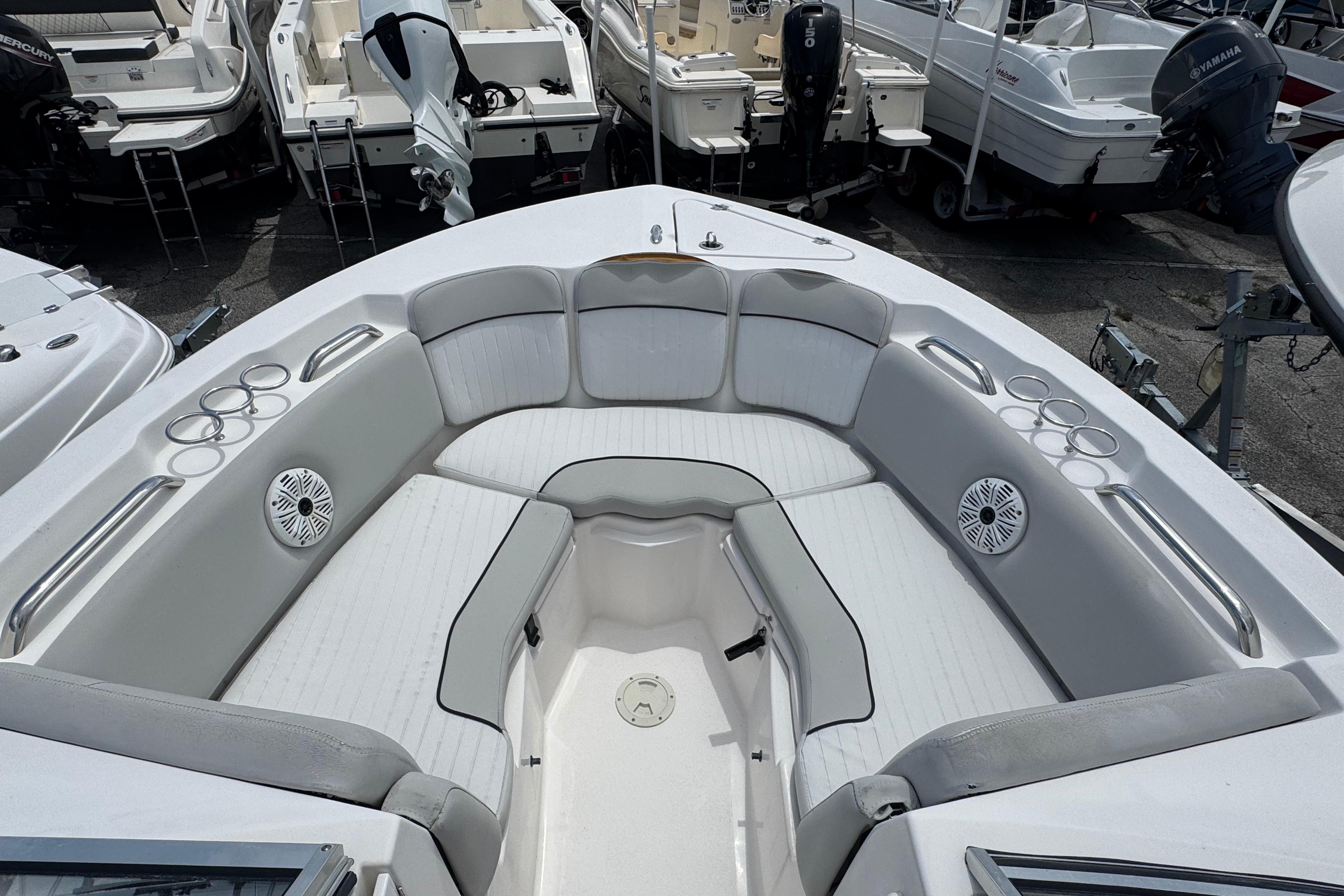 2020 Sea Fox 226 Traveler boat interior with spacious seating and cup holders.